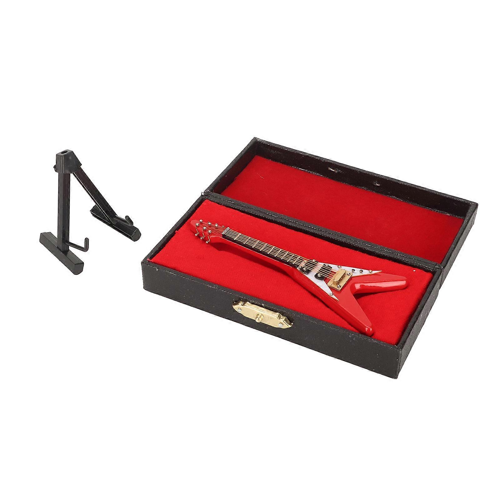 Miniature Electric Guitar V Shape Vivid Exquisite Wooden Mini Guitar Model With Display Stand And Storage Case Red