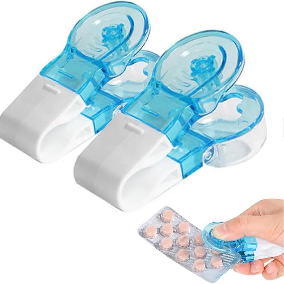 Portable Pill Box, 2 Pieces Touchless Blister Pill Opener Easy to Remove Portable Travel Tablet Dispenser Pill Extractor Tool for Disabled Elderly