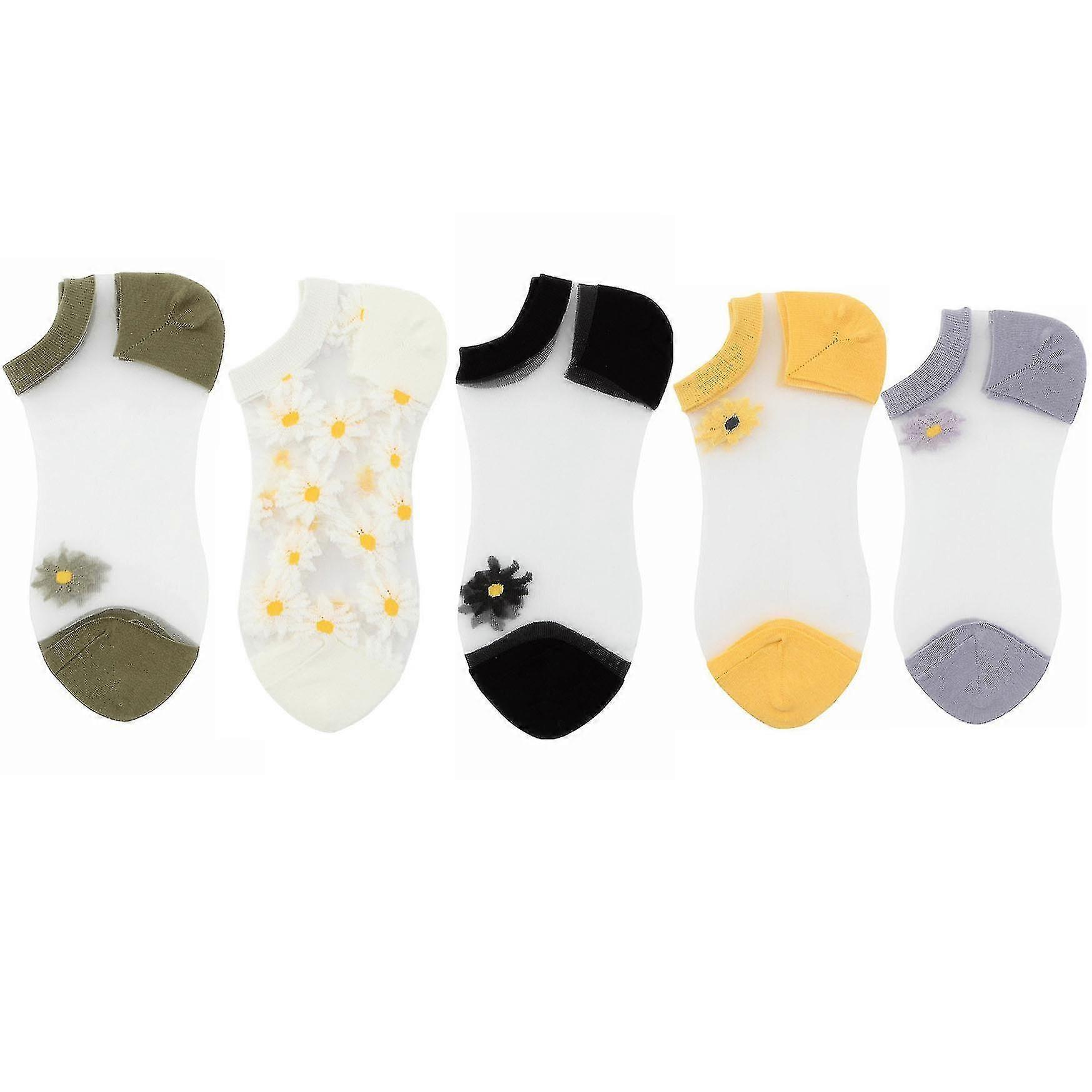 5 Pair Translucent Daisy Socks ,low Cut Liner Thin Socks,breathable Ankle Socks For Summer