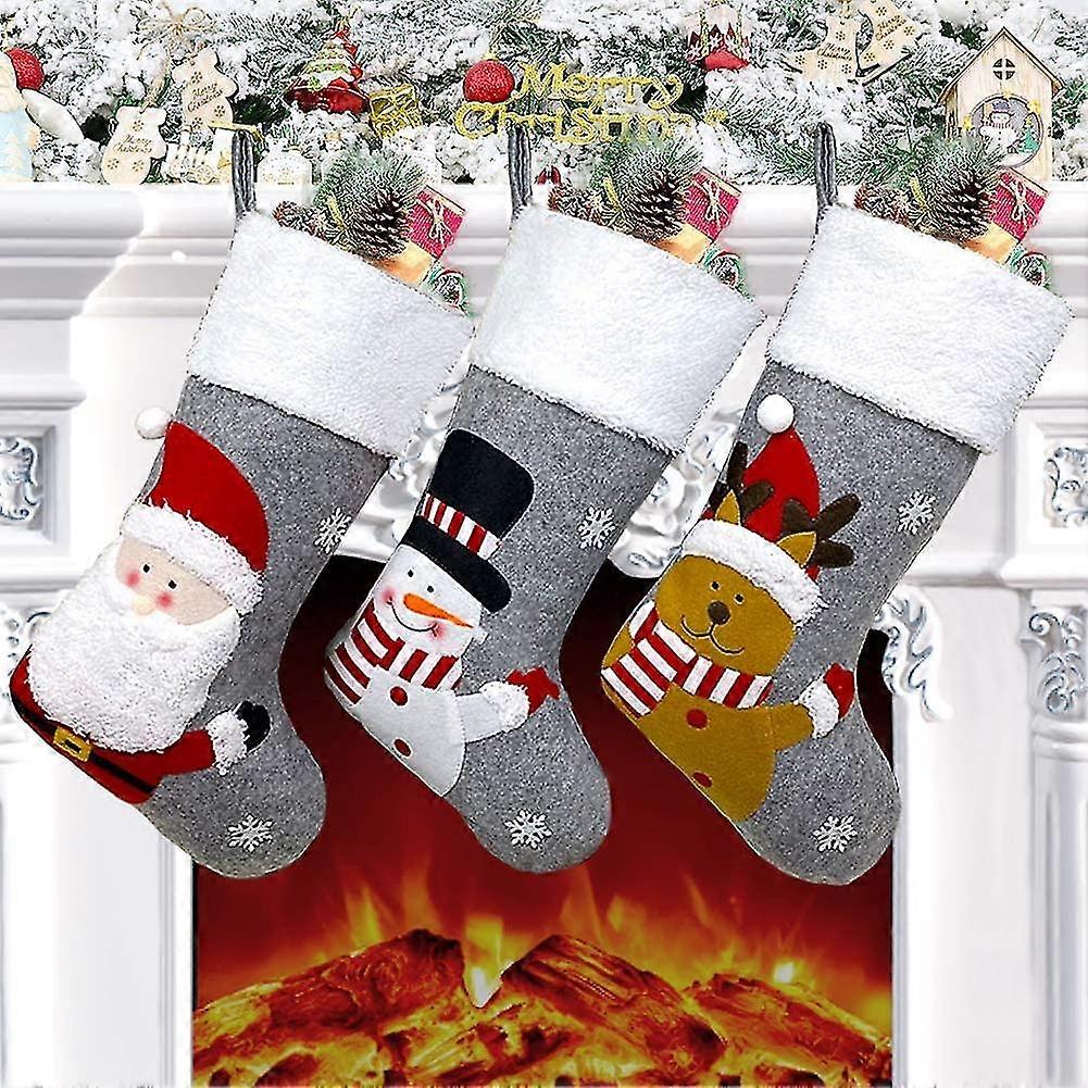 christmas stocking set of 3, 18" large xmas stockings decorations, santa snowman reindeer xmas character for family holiday decorations, christmas han