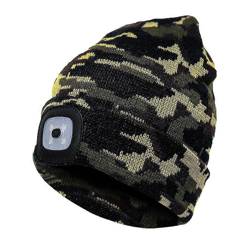Button Battery Knitted Hat With Led Light-camouflage Green