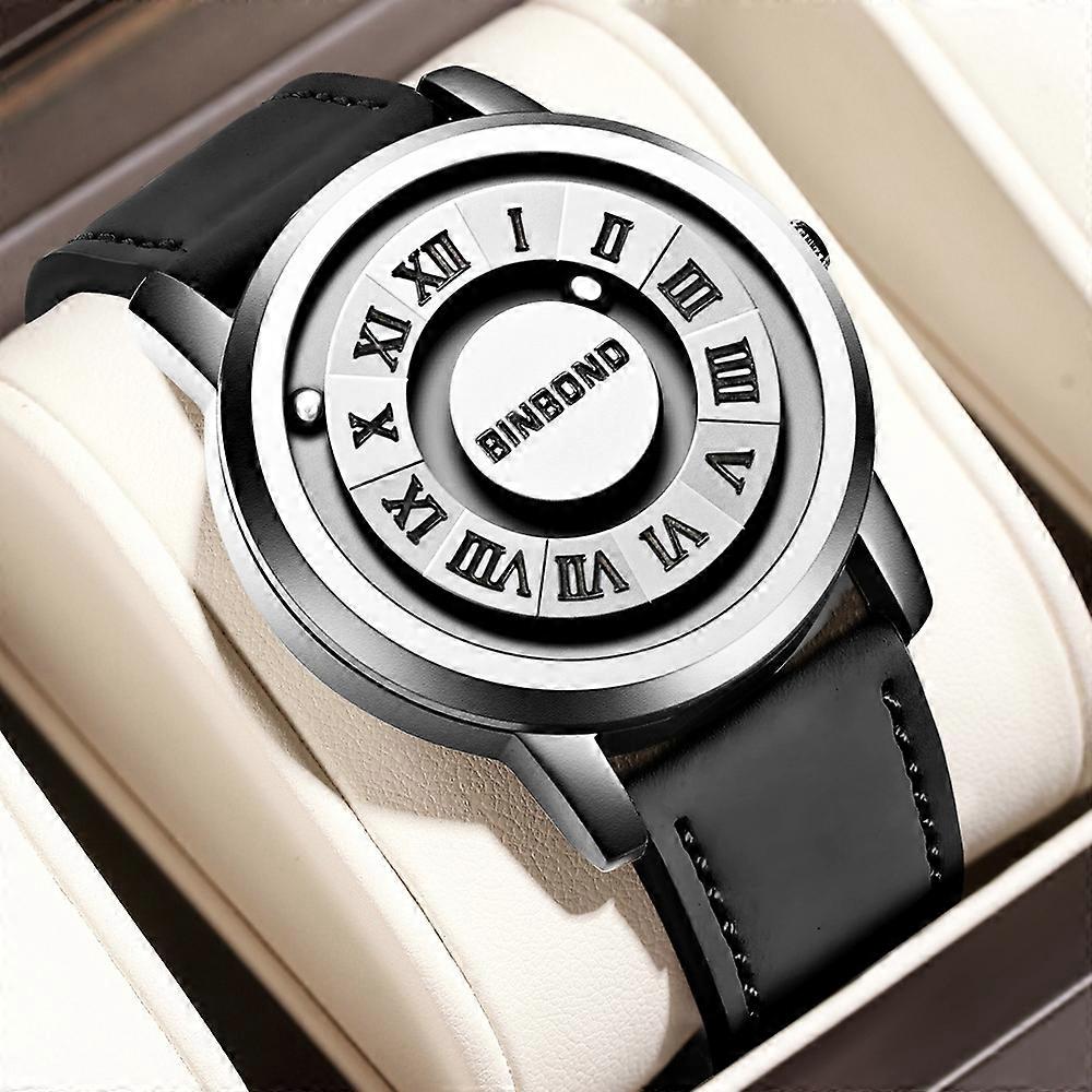 BINBOND B234 Reloj Negro Cuero-Blanco Acero-Blanco