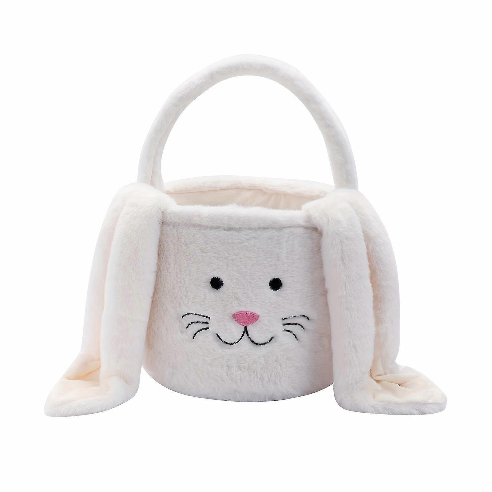 1pc, Easter Plush Long Bunny Ear Basket With Handle, Soft Plush Candy Toys Storage Bucket, Cartoon Cute Easter Bunny Bucket, Easter Eggs Hunting Handb
