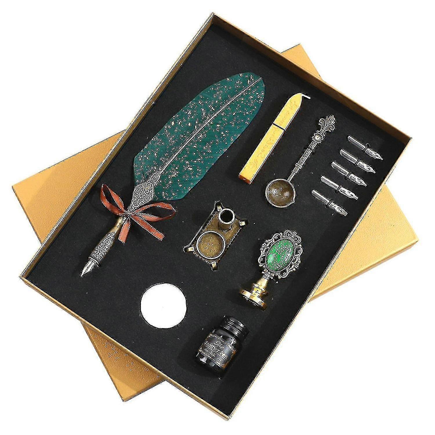 1 Set Quill Pen Set Nice-looking Meaningful Stainless Steel Smooth Writing Feather Pen Ink Kit Stati