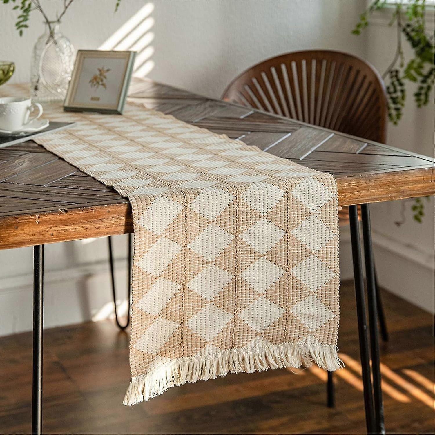 Boho Table Runner with Tassels, 13.7*71 Inches Table Decor(Khaki Plaid)