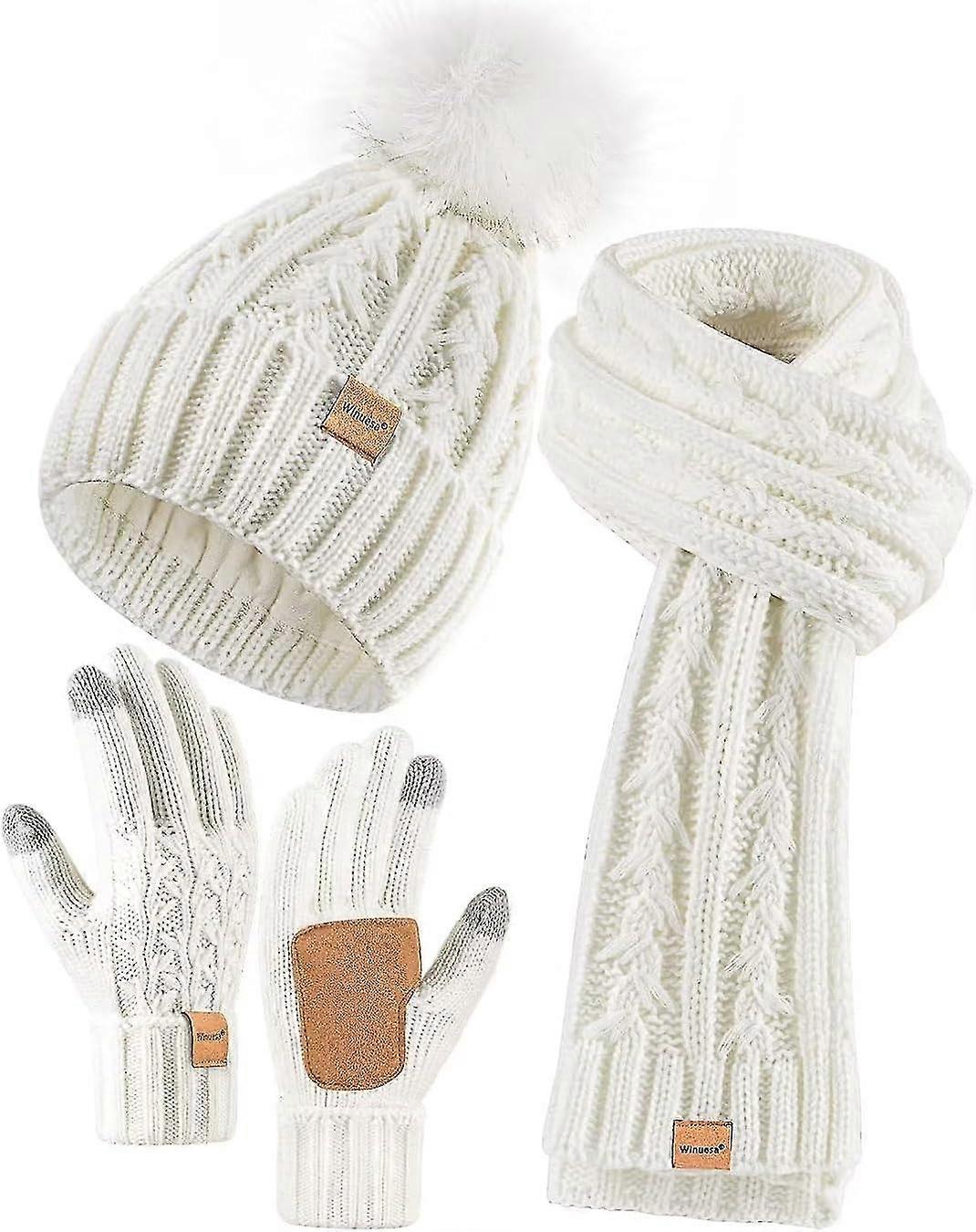Damen Beanie Mtze Schal Handschuhe Set, Fleece gefttert Wintermtze mit  Bommel, langer Strickschal | Fruugo DE