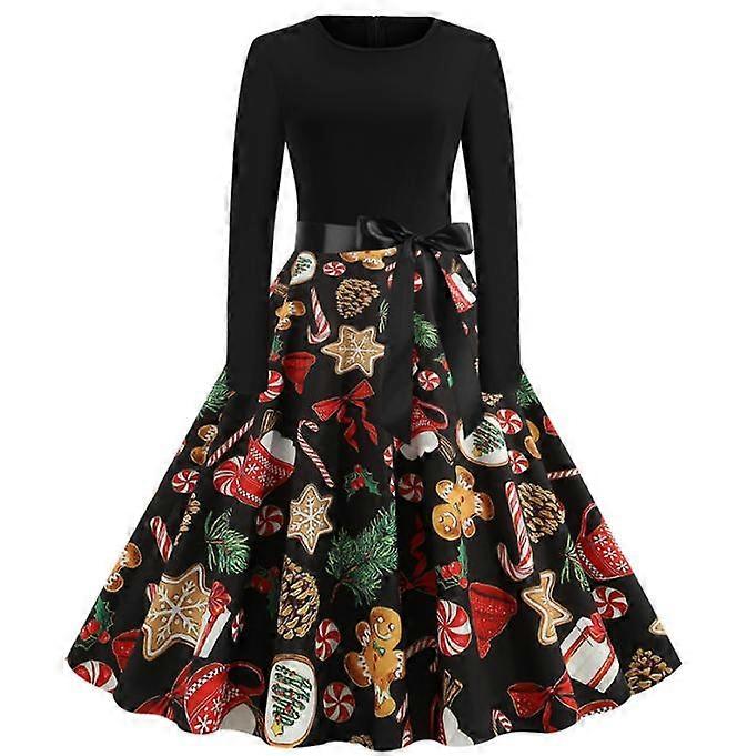 Frauen Casual Weihnachten Print Rundhalspullover Hohe Taille Langarm Kleid