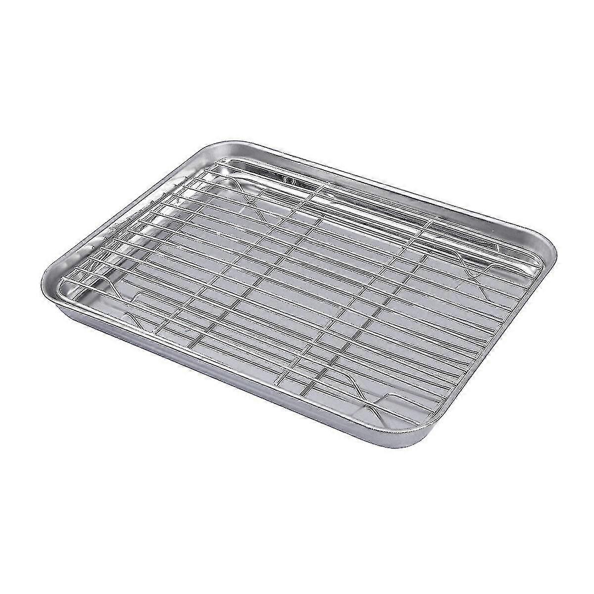 2 Pieces/set Rectangular Baking Tray Stainless Steel Baking Pan Sheet With Removable Cooling Rack - 26x20x2.5cm