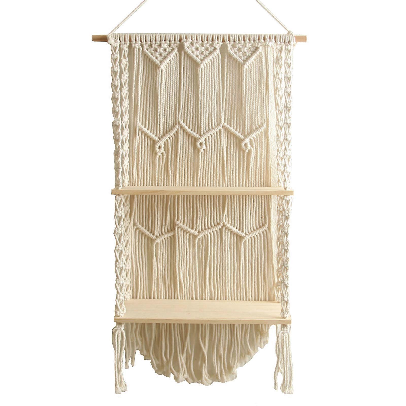 Macrame Wall Hanging Shelf Boho Wood Floating Shelves DIY Handwoven Cotton Rope Macrame Tapestry Rack for Hanging Plants