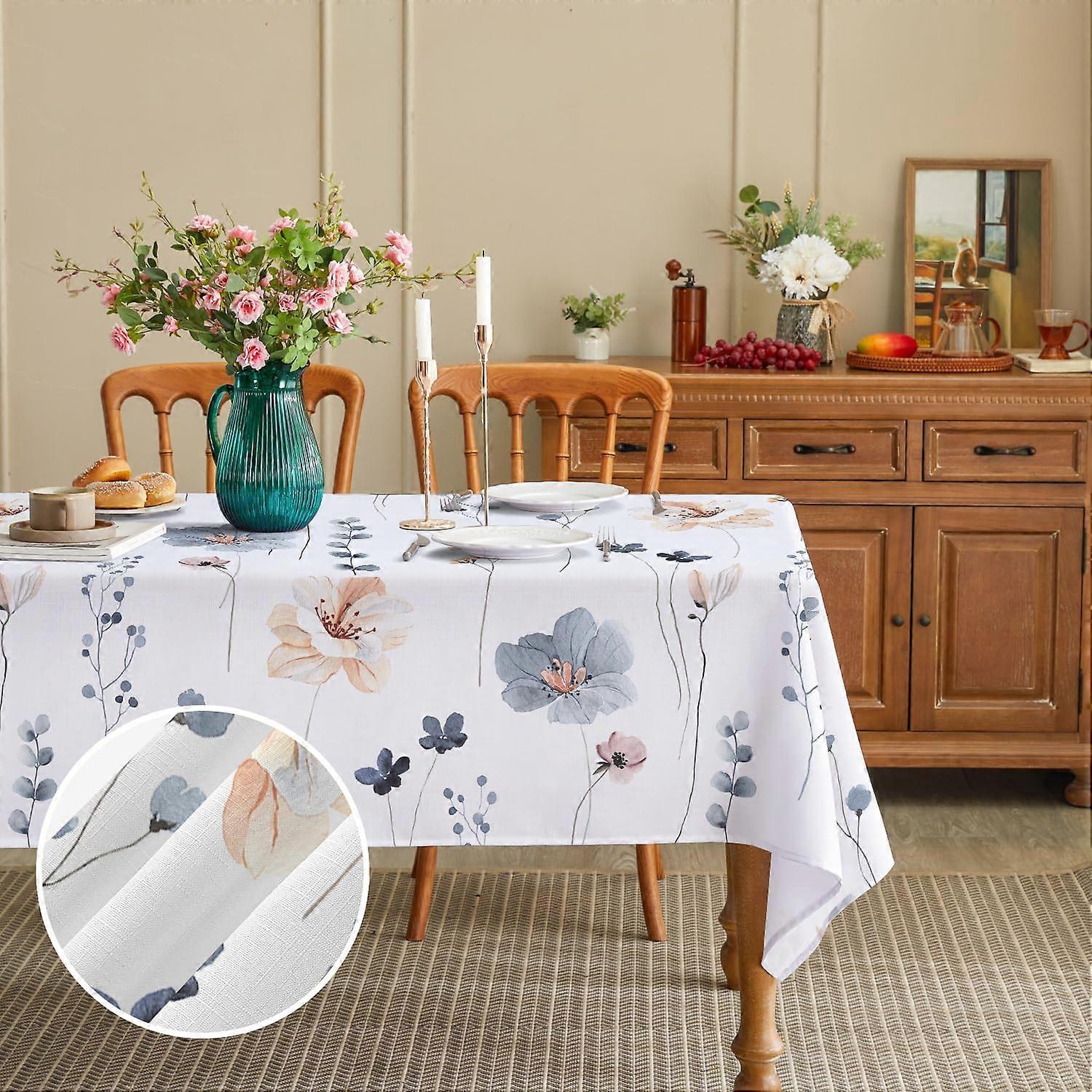 Faux lin texturé, minimaliste Watecolor bleu floral feuilles Nappe rectangle, tissu polyester imperméable, housse de table pour cuisine salle à manger 52''x7