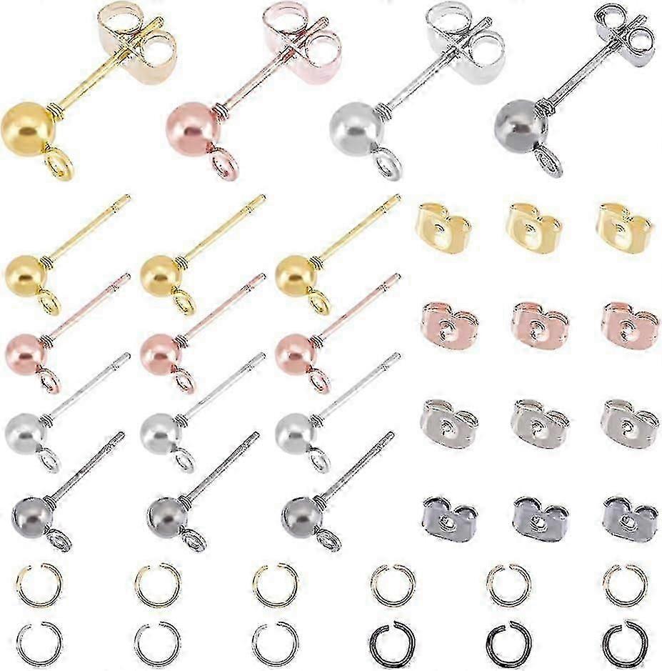 Diy 120pcs 4 Colors Ball Post Stud Earrings With Loops With 120pcs Open Jump Rings Iron Stud Earring With Earring Backs Hypoallergenic Mixed Color Stu