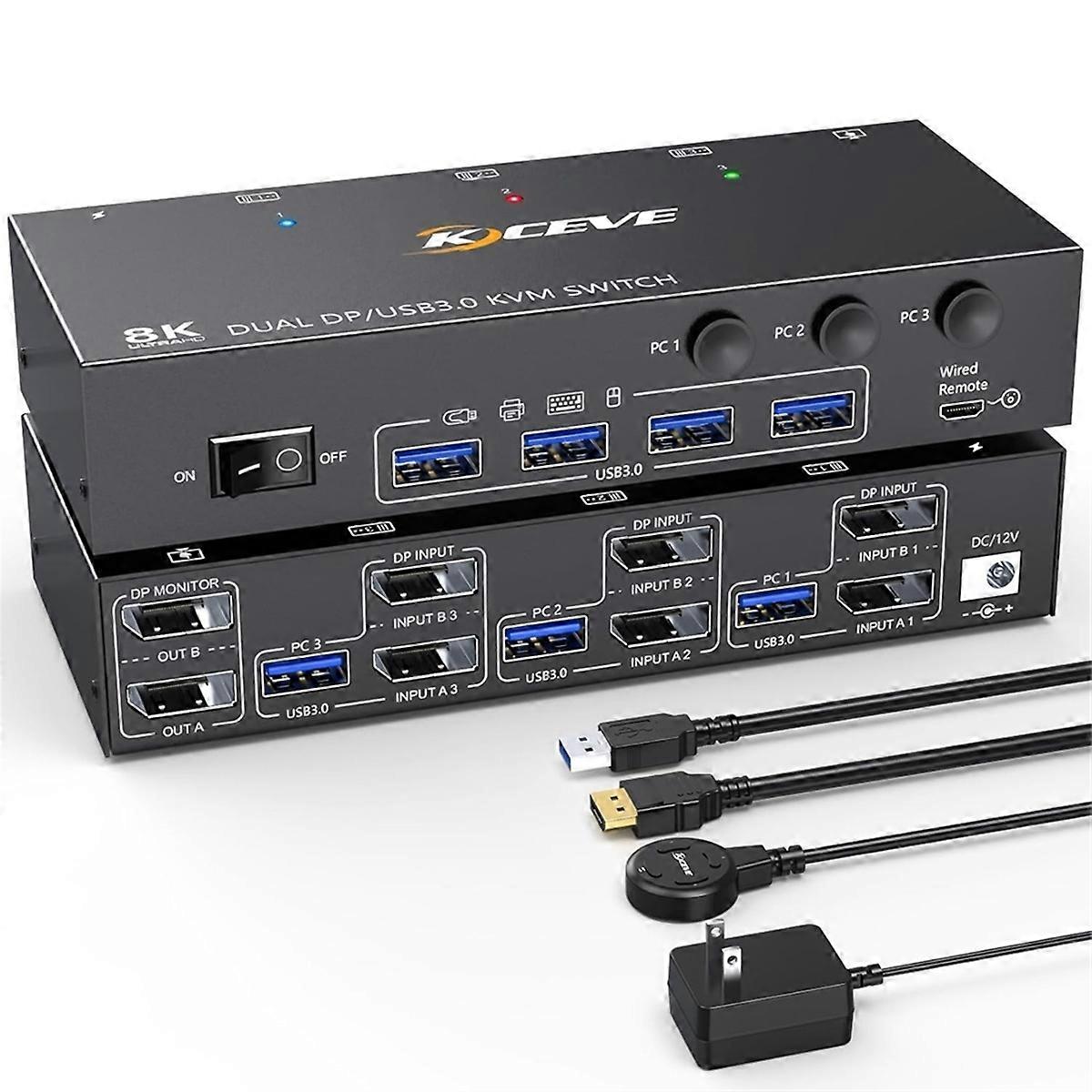 USB3.0 DP KVM Switch USB 3.0 Displayport 2 Monitors 3 Computers Resolution 8K@30Hz 4K@144Hz US Plu