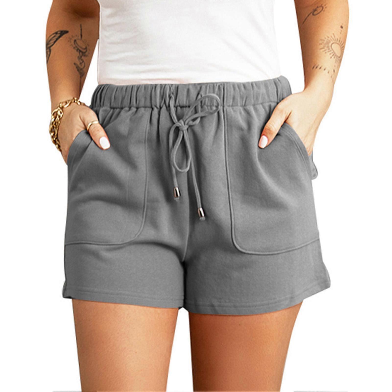 Women Casual Shorts with Pockets Fashionable Drawstring Soft Breathable Summer Shorts for Beach Party Gym Gray L