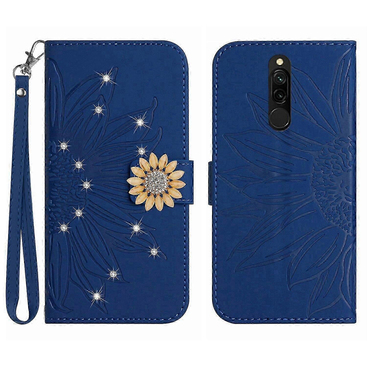 Compatible With Xiaomi Redmi 8/8A Embossed Sunflower with Diamonds Magnetic Card Holder Wallet Phone Case with Short Strap