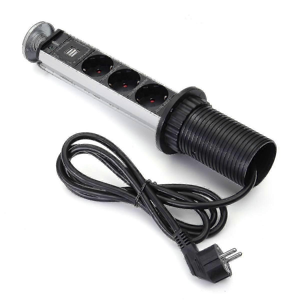 Eu Plug Pull Up 3 Power Socket 2 Usb 16a Charging Port Kitchen Table Desktop Sockets Retractable Countertops Worktop