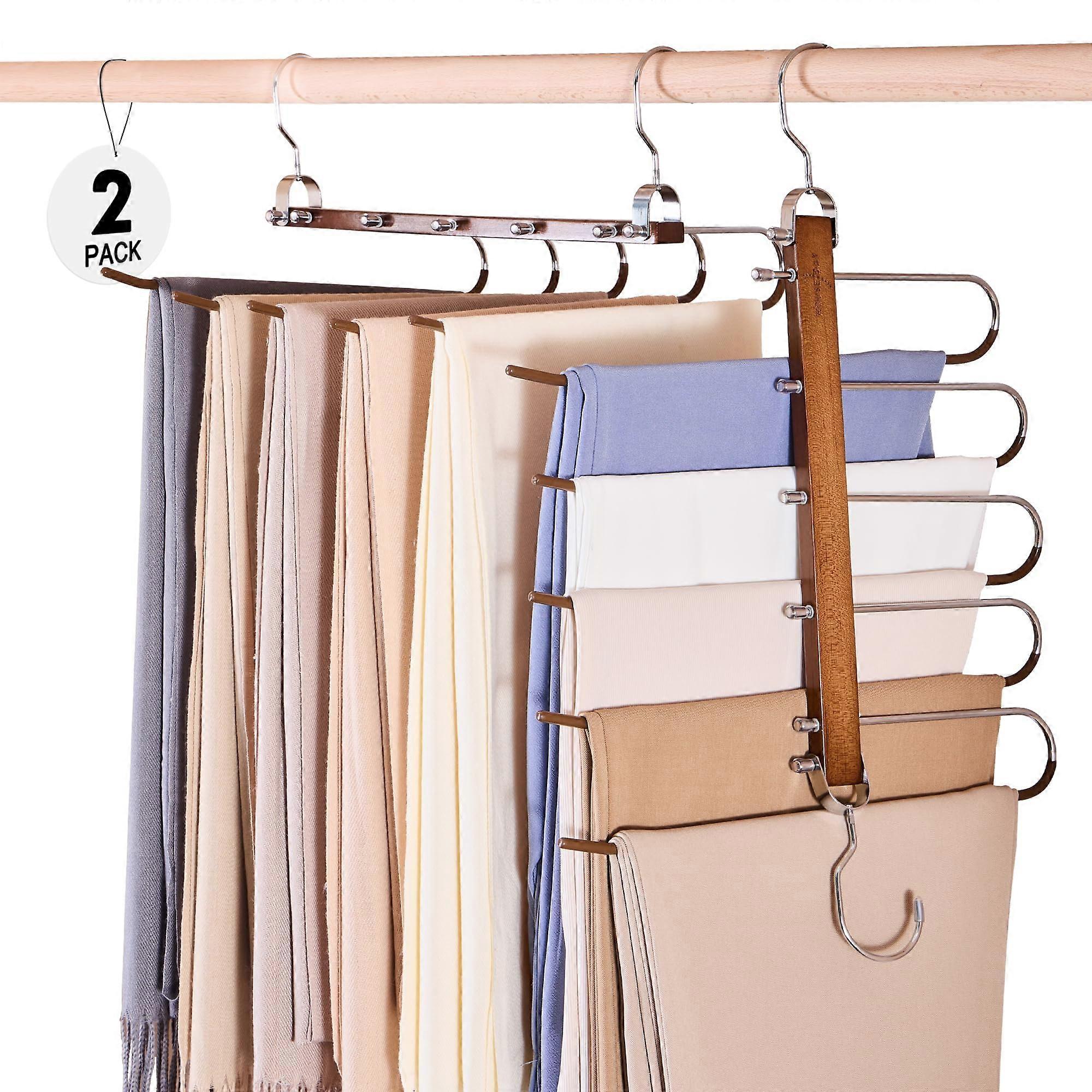 Space Saving Wood Non-Slip Multi-functional Pants Hangers for Closet 2 Pack