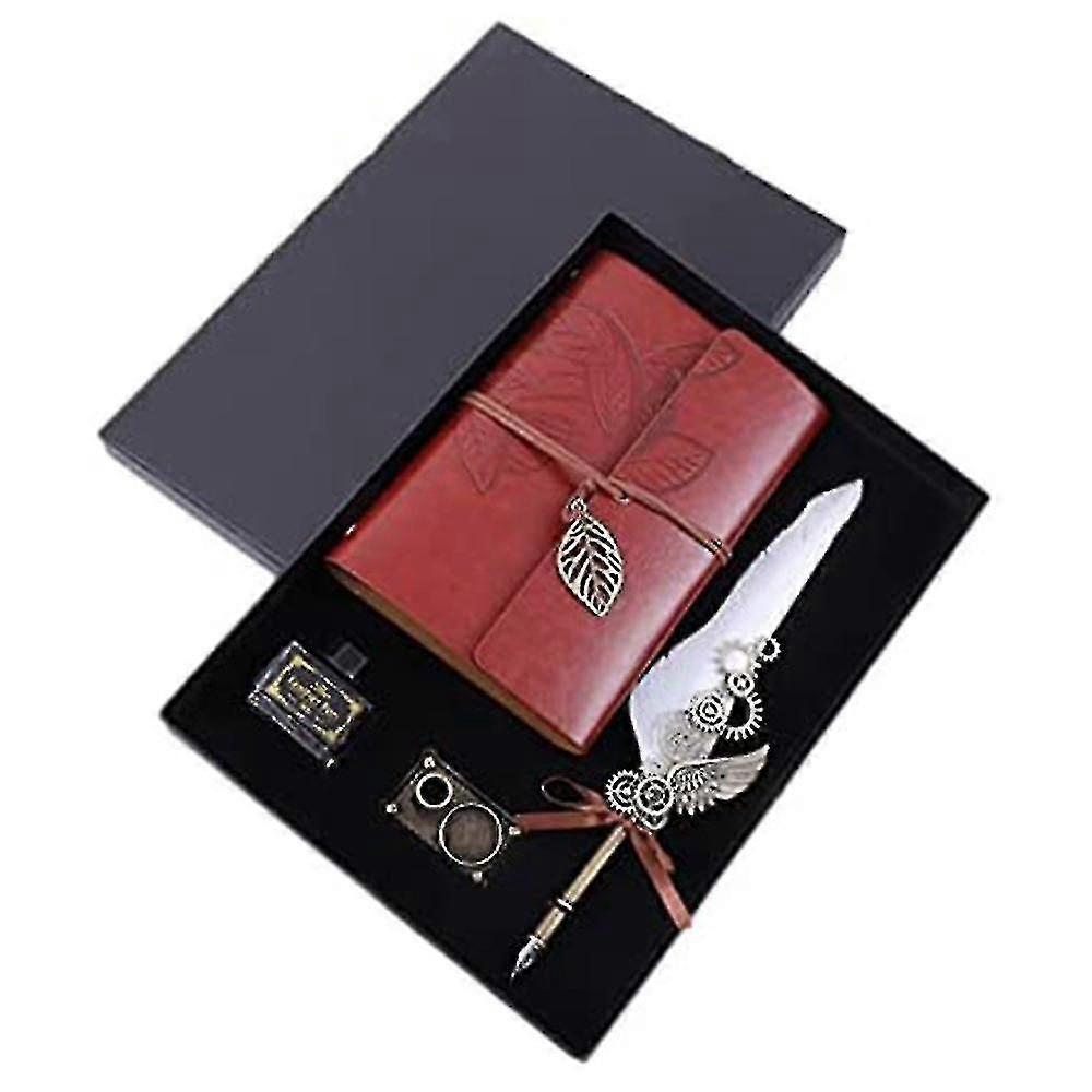 Vintage Feather Pen And Ink Set Retro Quill Dip Pen Calligraphy Writing Signature Pen With Notebook