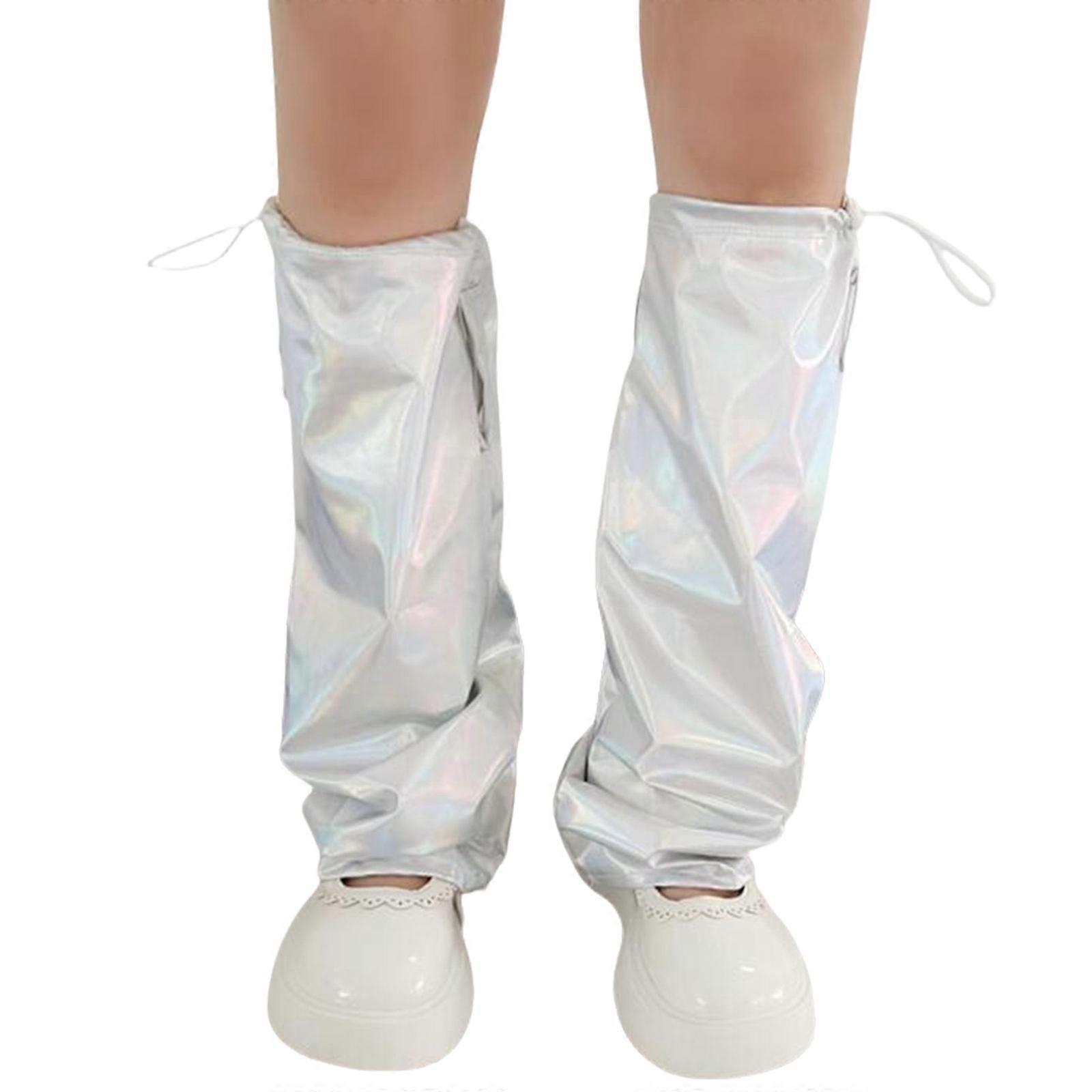 נשים Harajuku זוהר מטאלי מחמם רגליים עם שרוך גרביים ארוכות מתרחבות גראנג' רחבות רופף כיסוי כף הרגל סגנון רחוב לבן