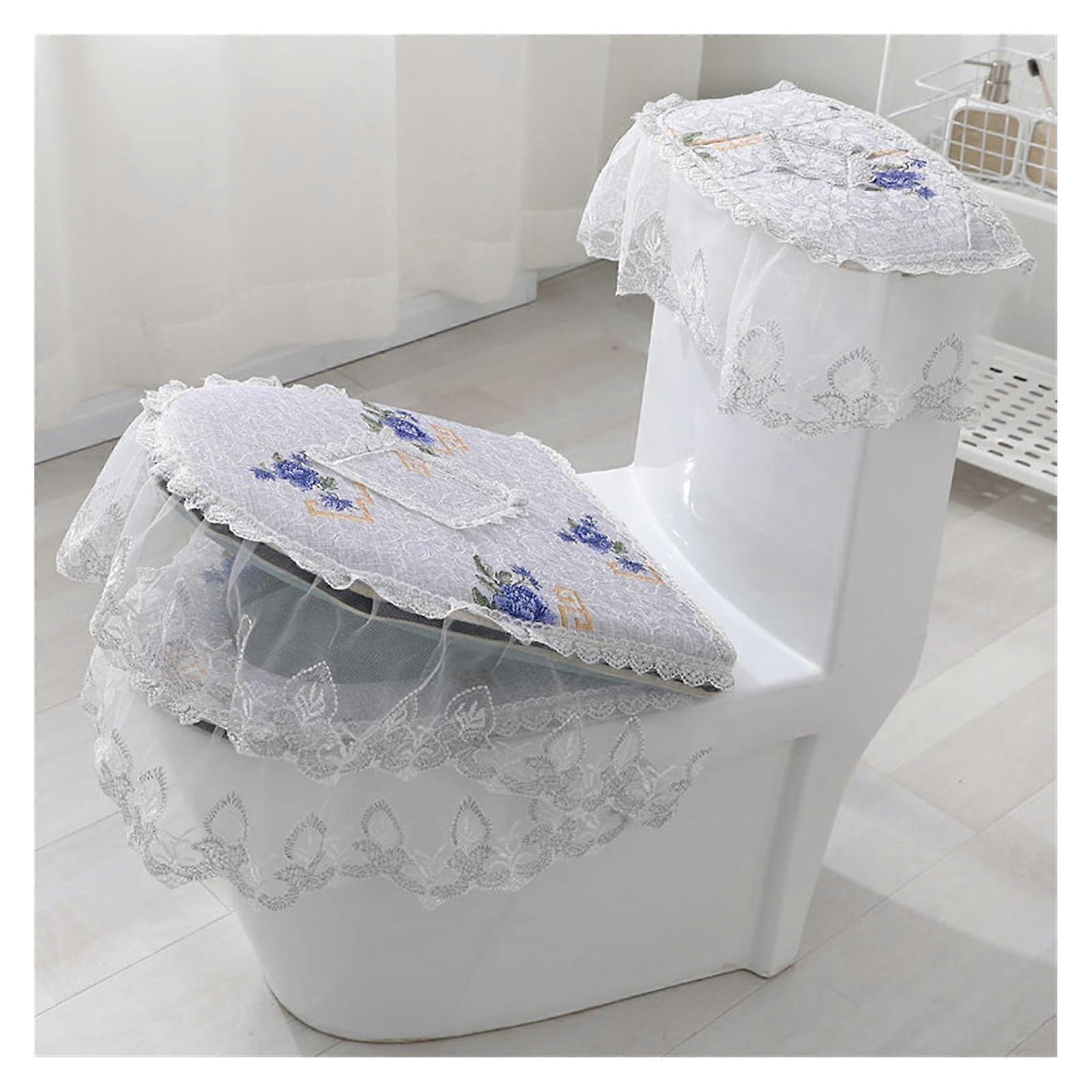 3 Set Lace Ruffle Zippered Double-Sided Toilet Seat Cover Mat, Fully Wrapped, Soft Fabric, Universal Fit