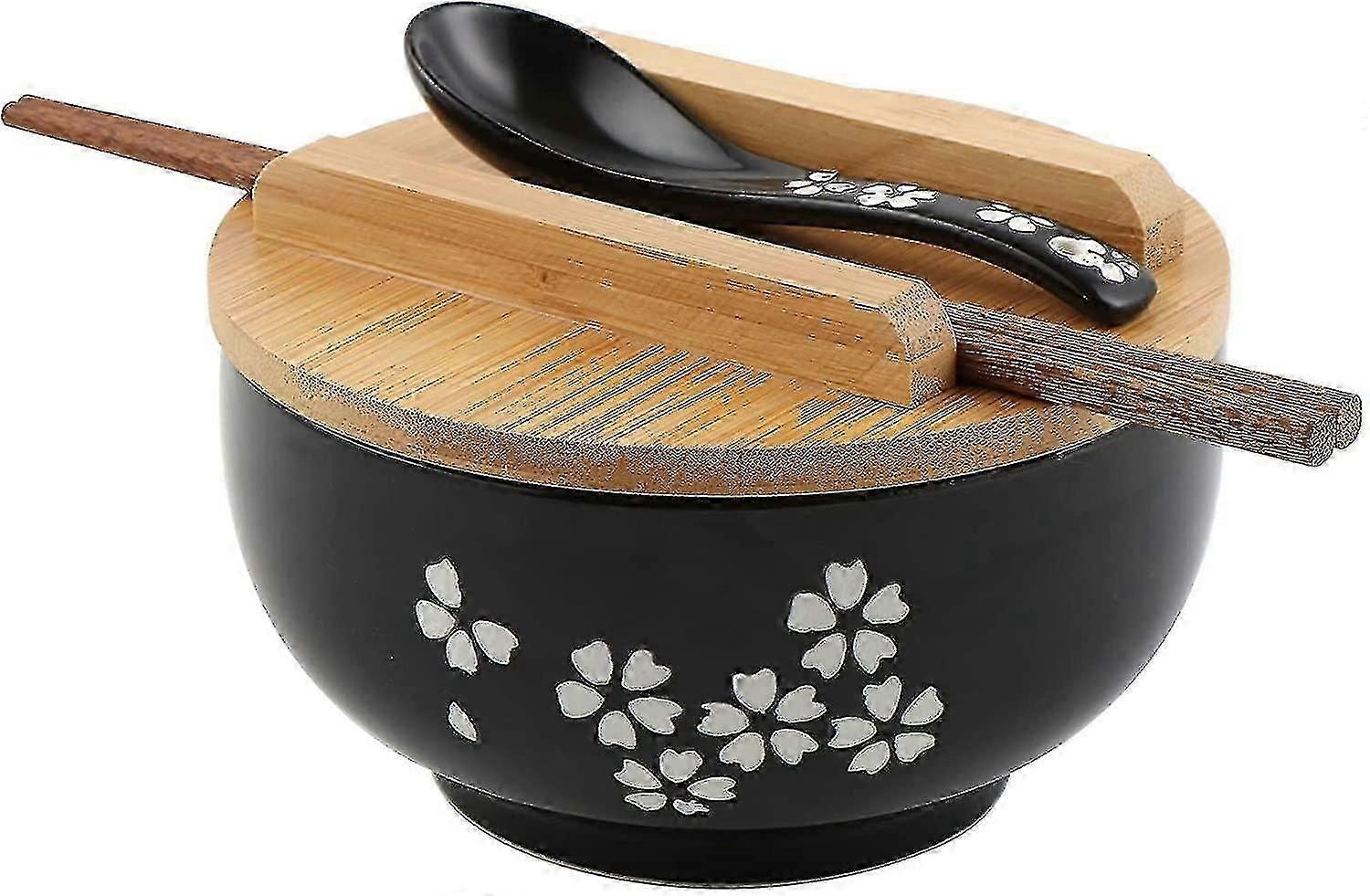 طقم وعاء رامين ، أوعية نودلز رامين يابانية مع ملعقة غطاء ، وعاء شوربة سيراميك كبير ، وعاء أرز أسود مسحوب باليد ريترو