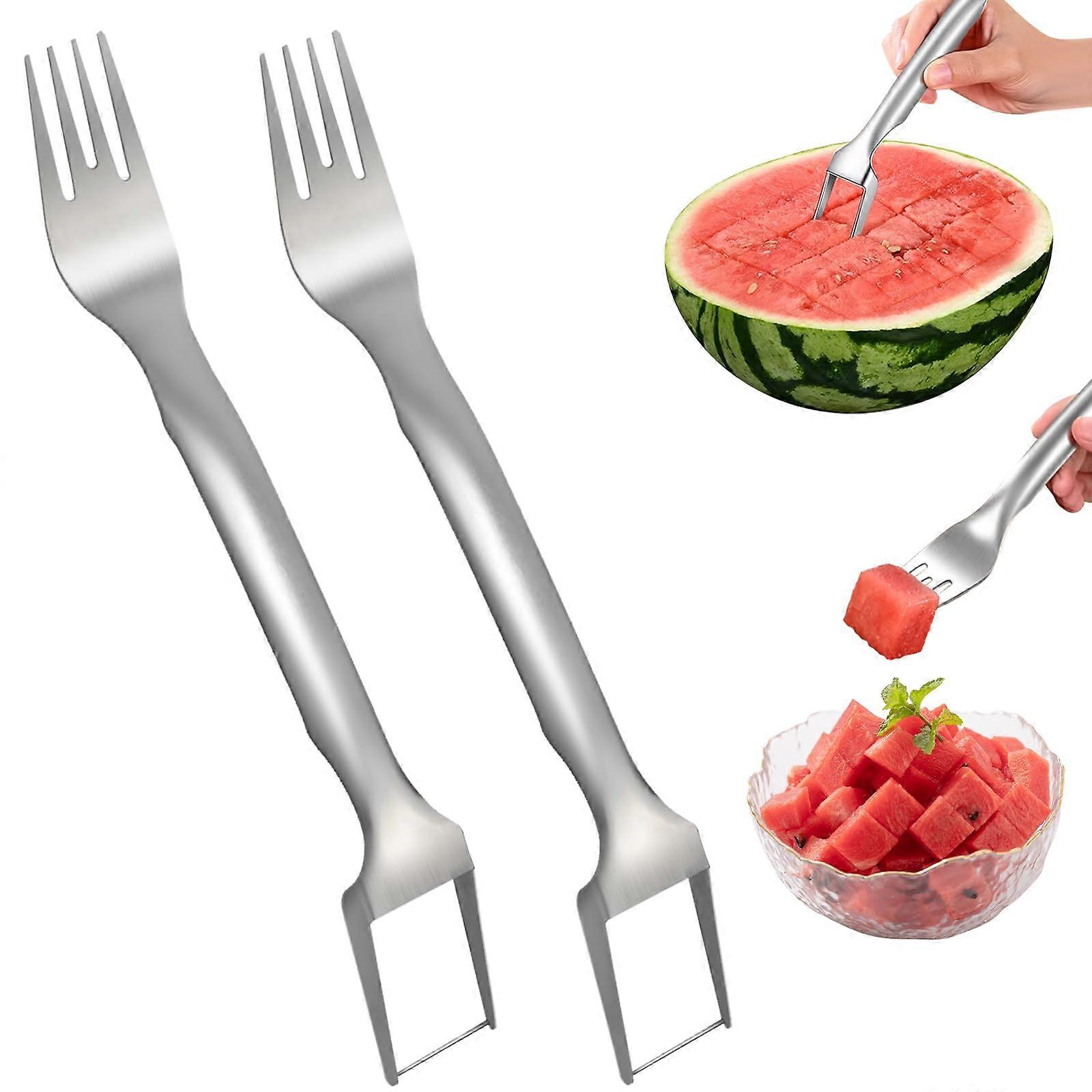 Watermelon Cutter Set Of 2 2-In-1 Dual-Head Stainless Steel Melon Fork Slicer Knife Kitchen Tool For Family