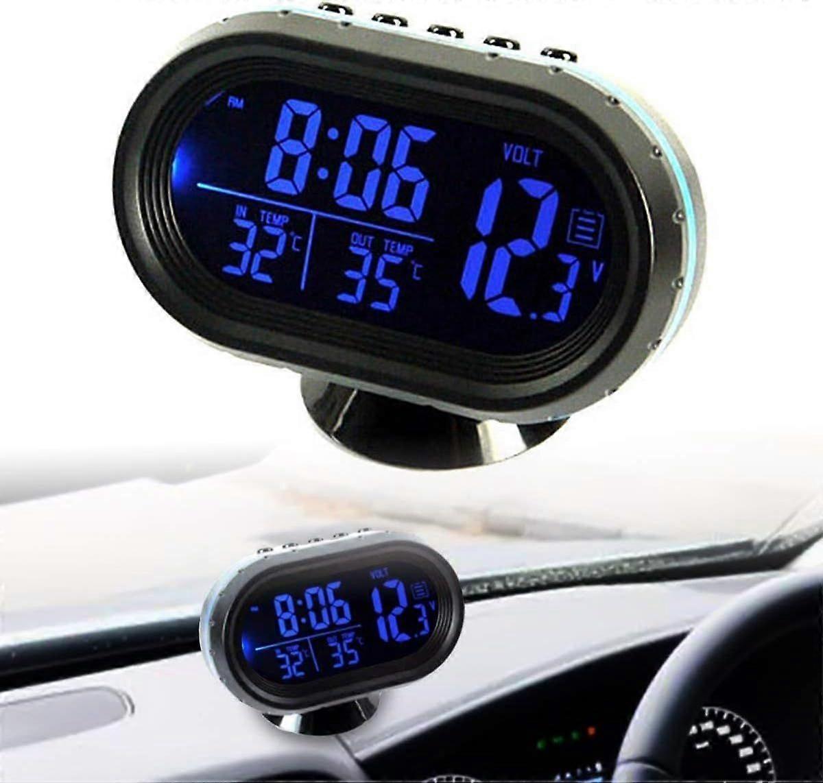 Car Clock, Digital Clock Thermometer Voltmeter Alarm Clock LCD Tempered Glass Thermometer with Temperature/Time LCD Display