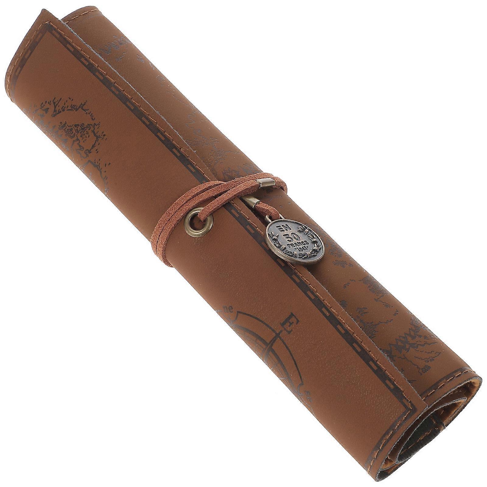 Vintage Roll Up Pencil Case with Map Design, Large Capacity Canvas Pen Bag Organizer for School, Office & Travel