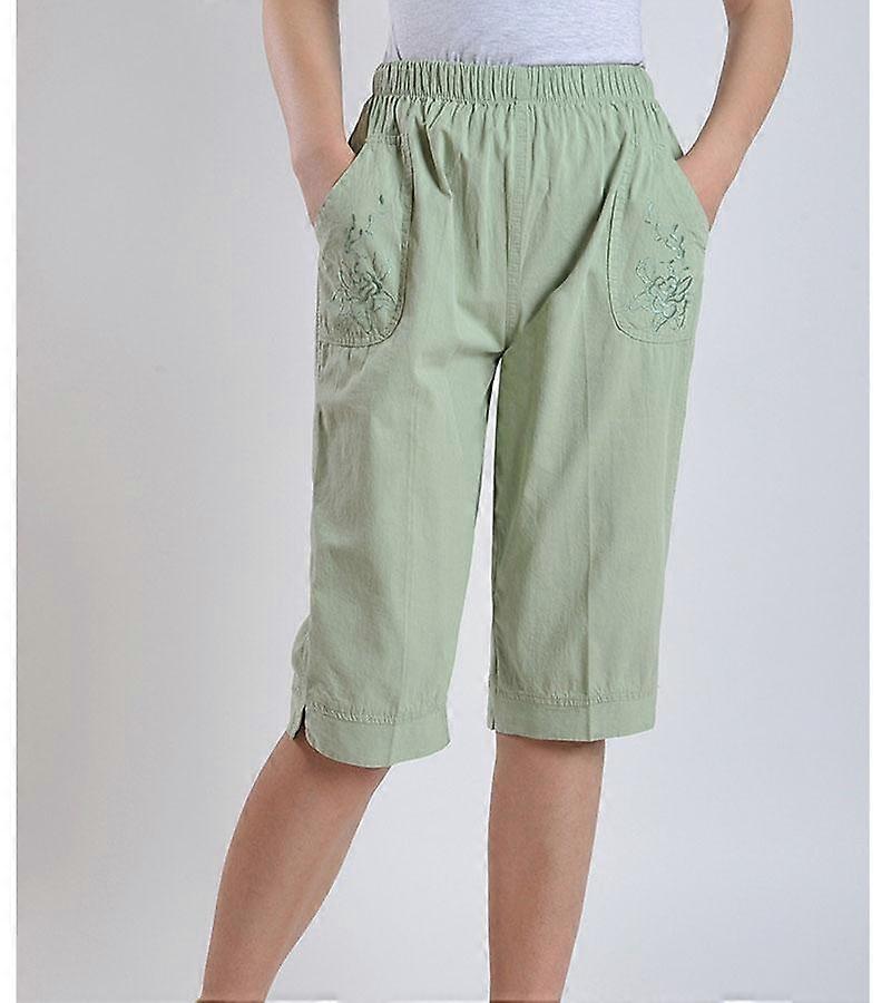 Middle-aged and Elderly Summer Elastic Waist Ladies High Waist Straight Pants Large Size Washed Cotton Cropped Pants