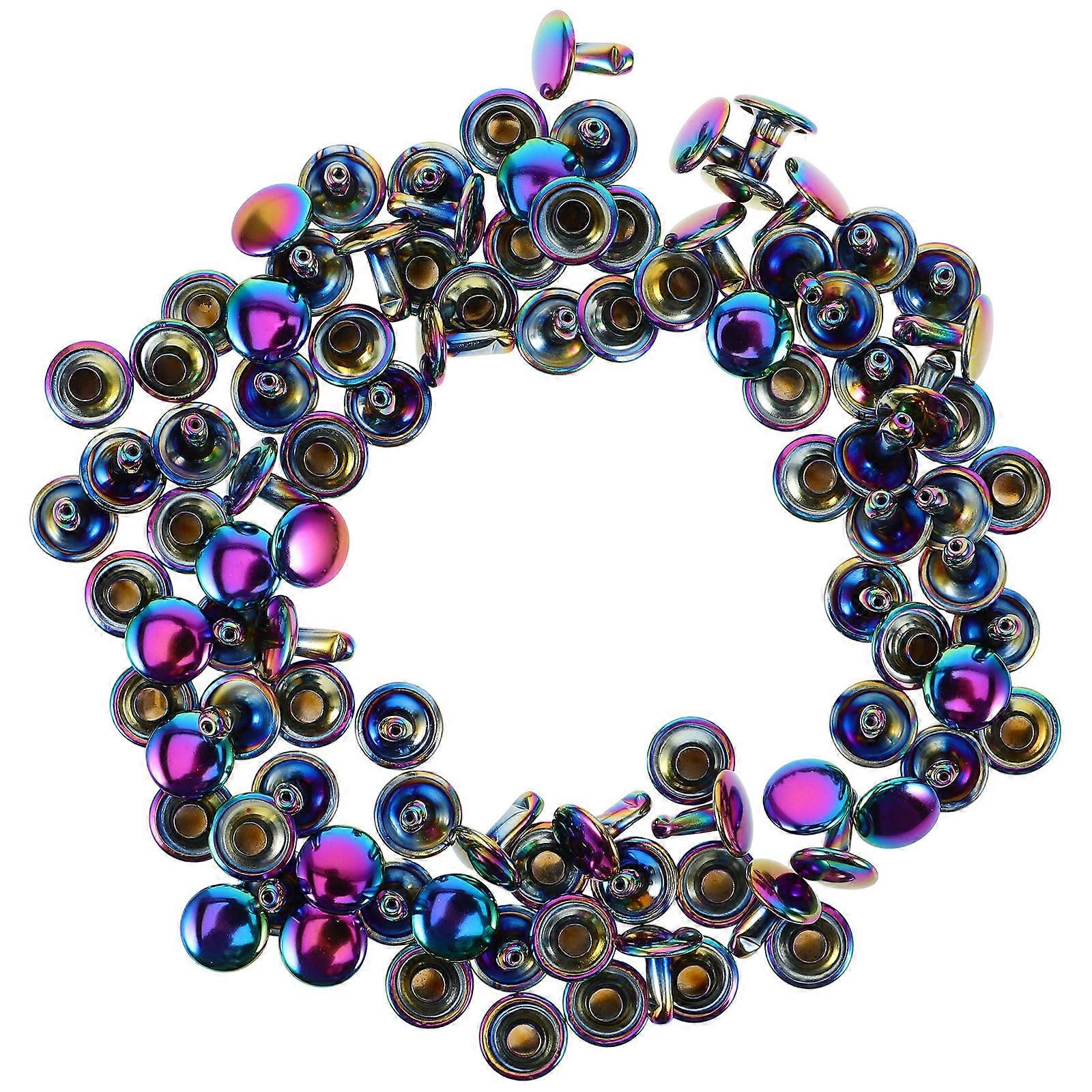 Rainbow Double Cap Metal Rivets 50pcs for DIY Crafts, Fashion Buttons, Tubular Studs for Bags, Shoes & Clothing Repairs, Unique Eye Catching Design