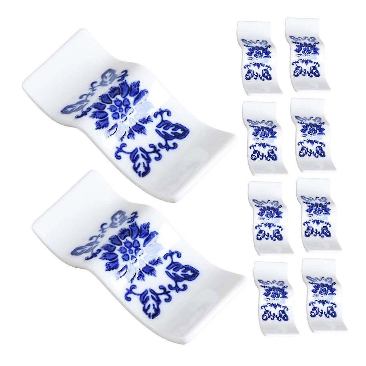 10-Pack Blue Ceramic Chopsticks and Spoon Holder Kitchen Utensil Rack Rest with Sturdy Design for Countertop Organization