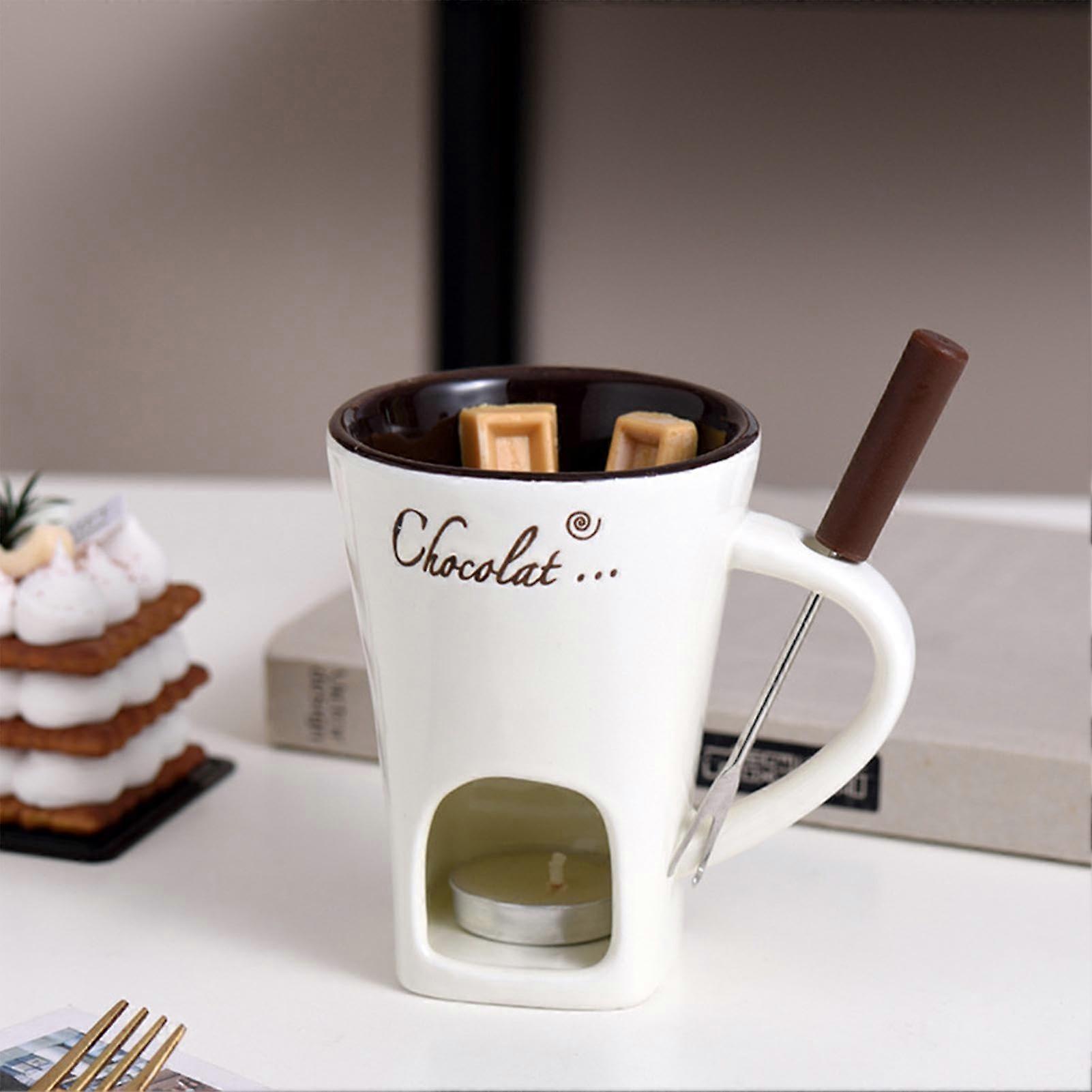 Chocolate Fondue Cup 200 ml with Fork and Tea Light Warmer Beige