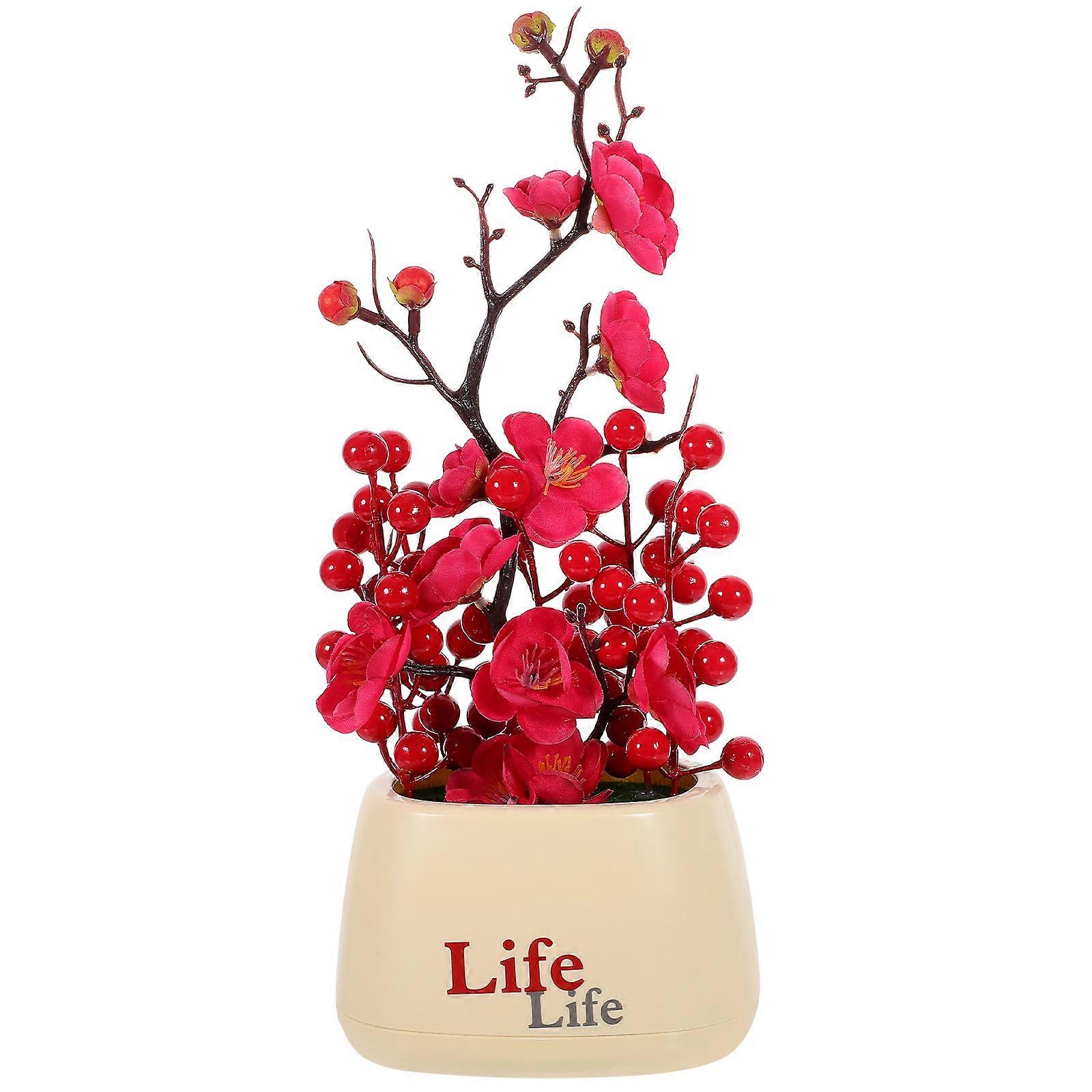 Fake Plum Blossom Artificial Fortune Tree Fruit Desktop Potted Rosy 30.00X12.50X10.50CM Bright Color 1Pack