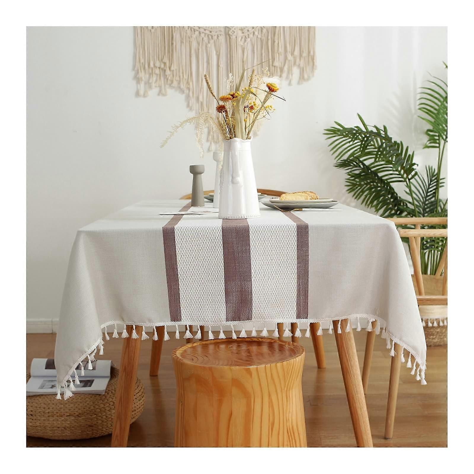Rectangular Tablecloth 140 x 220 cm, Washable Polyester with Striped Diamond Pattern and Fringes, Red Brown for Dining Room and Garden
