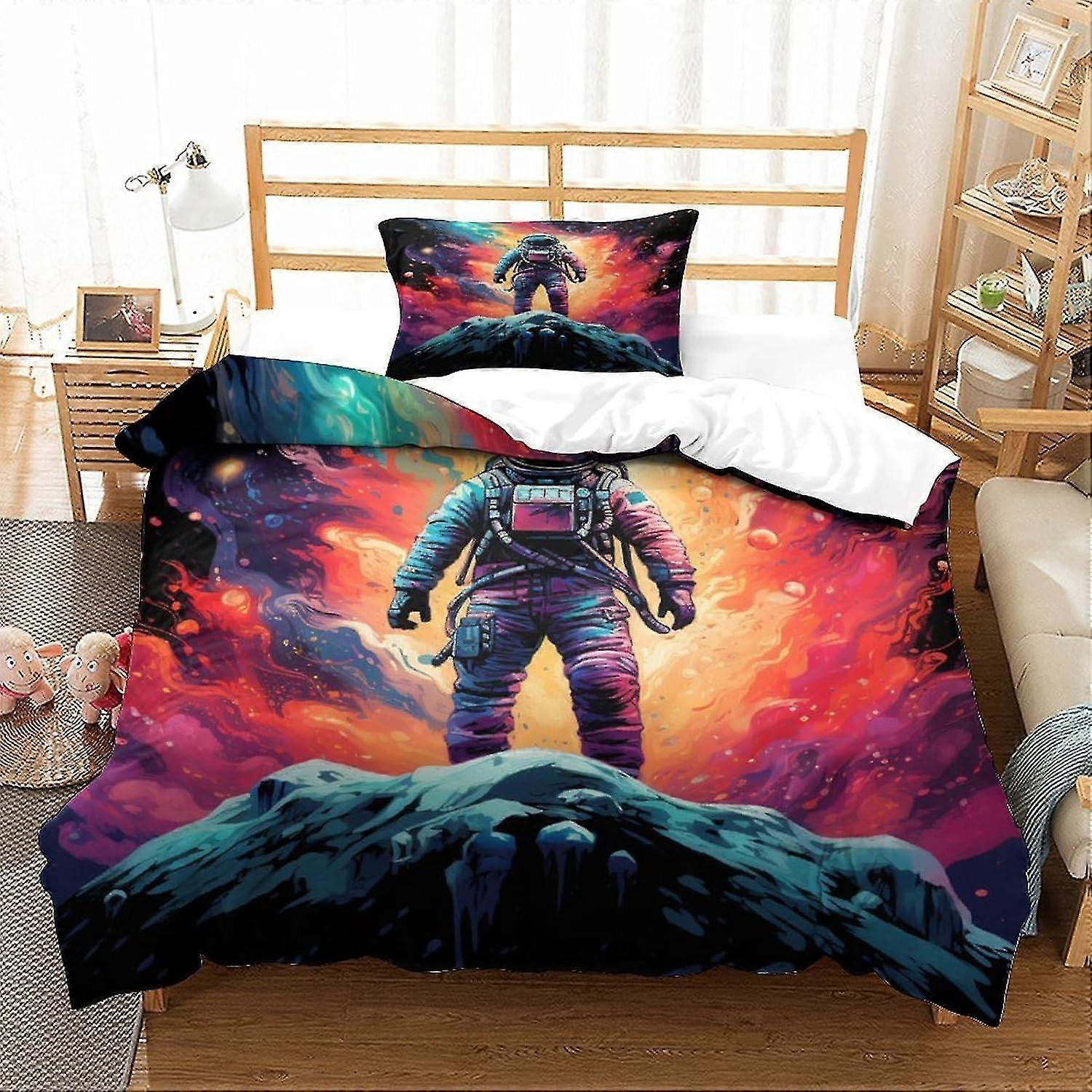 astronauter sengetøj sæt 3d kosmisk landskab dynebetræk sæt, blødt mikrofiber sengesæt 2 stk, print til enkelt dobbelt king size
