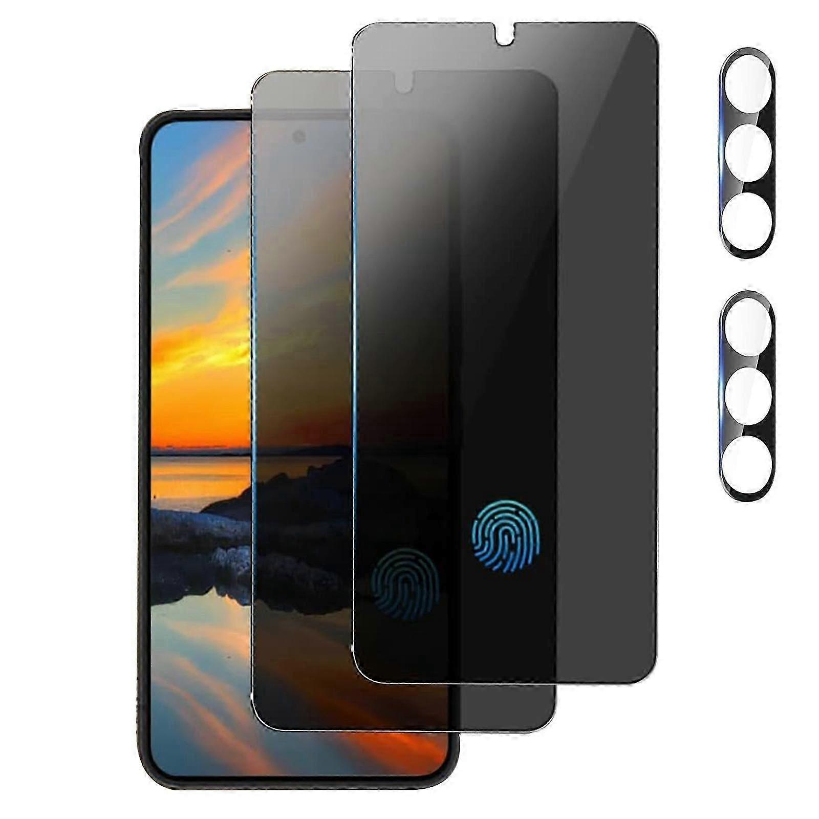 1パックプライバシースクリーンプロテクター、Samsung Galaxy S24用1パックカメラレンズプロテクター、指紋ロック解除サポート、アンチスパイ、高透明度バブルフリー