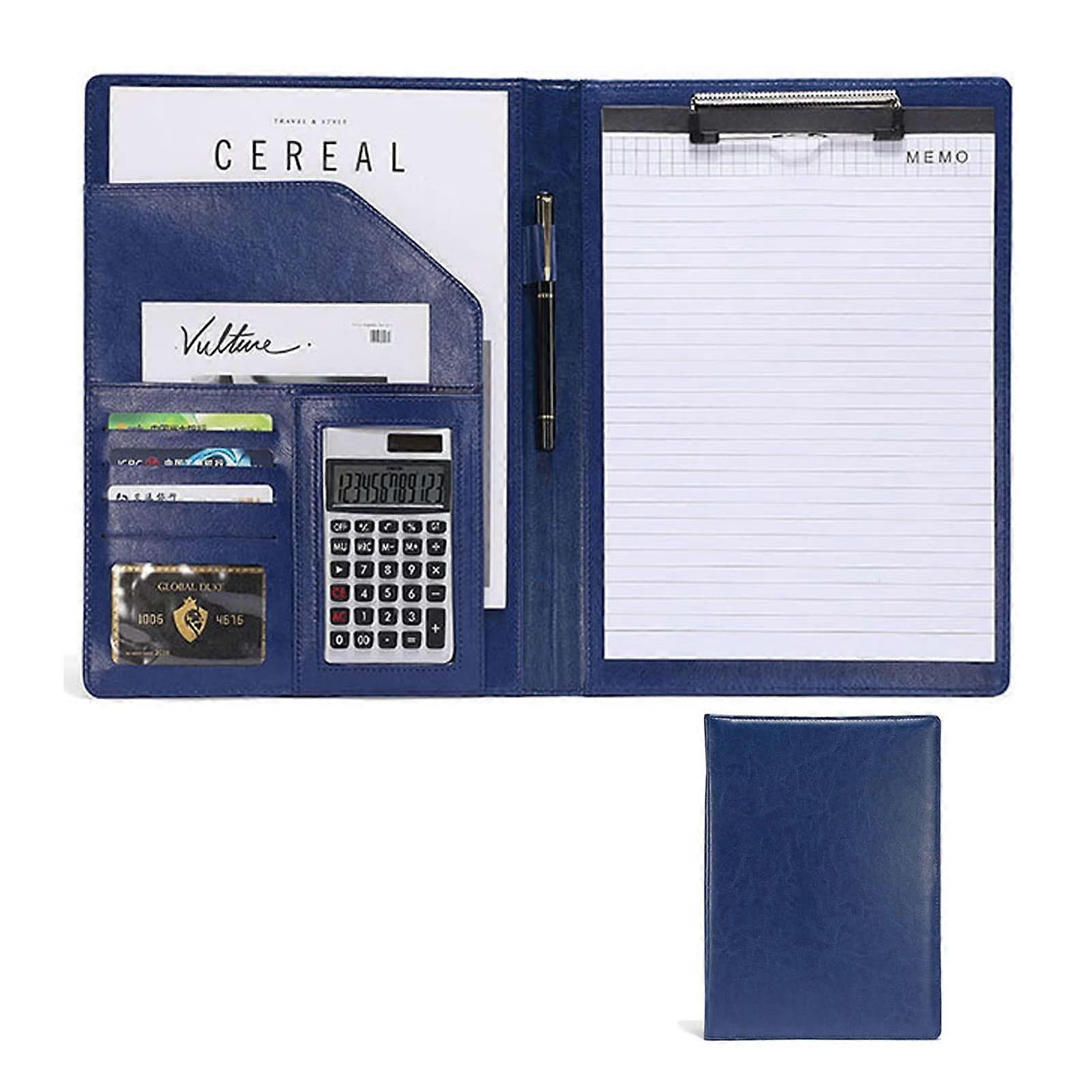 Writing case faux leather folder clipboard portfolio business document holder with calculator and A4 notepad clipboard (Blue) Blue A4