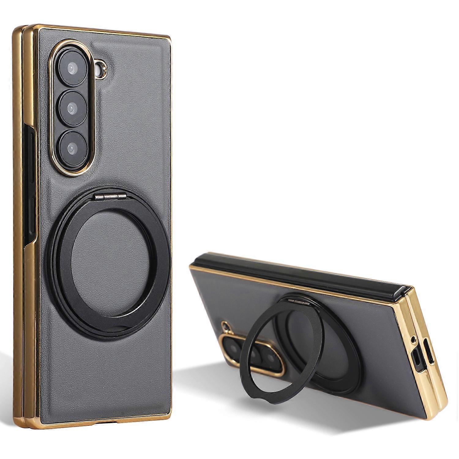For Samsung Galaxy Z Fold7 5G Magnetic Case with Rotating Kickstand Nappa Texture PU TPU PC Phone Ba