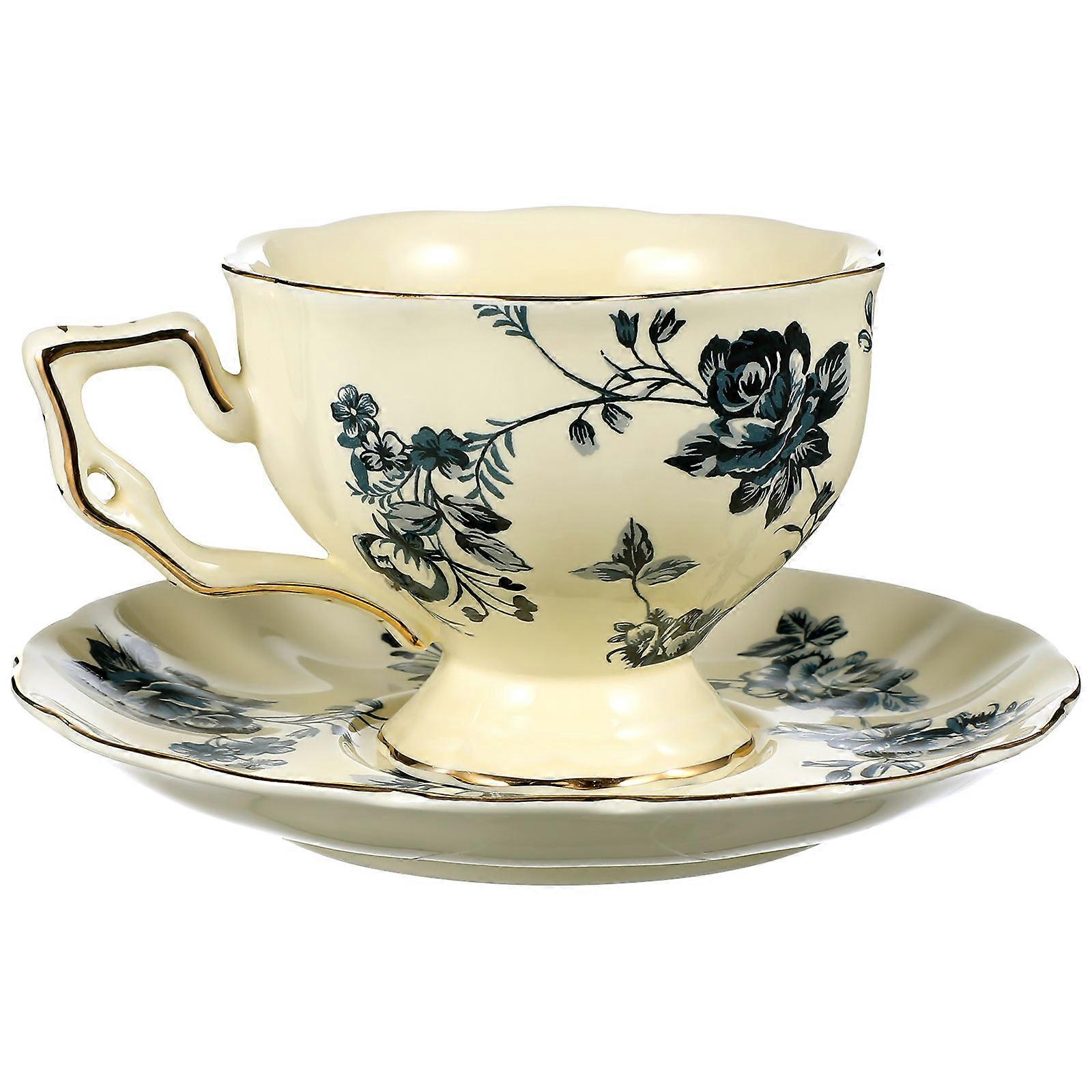 Vintage European Style Ceramic Coffee Cup and Saucer Set – Large Blue Floral Porcelain Mug with Stable Base for Tea, Coffee or Juice – Easy to Clean
