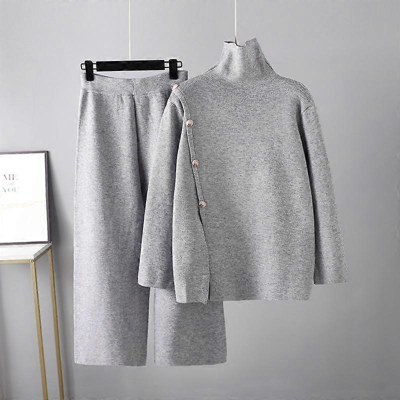 Standing Collar Knit Turtleneck Sweater Set Women's Autumn and Winter Warm Age Reduction Casual Wide-legged Pants Two-piece Set