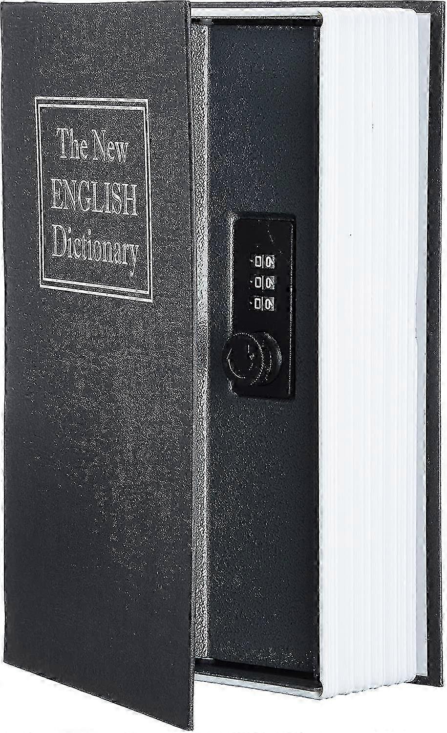 A book-shaped safe in black that features a combination lock.