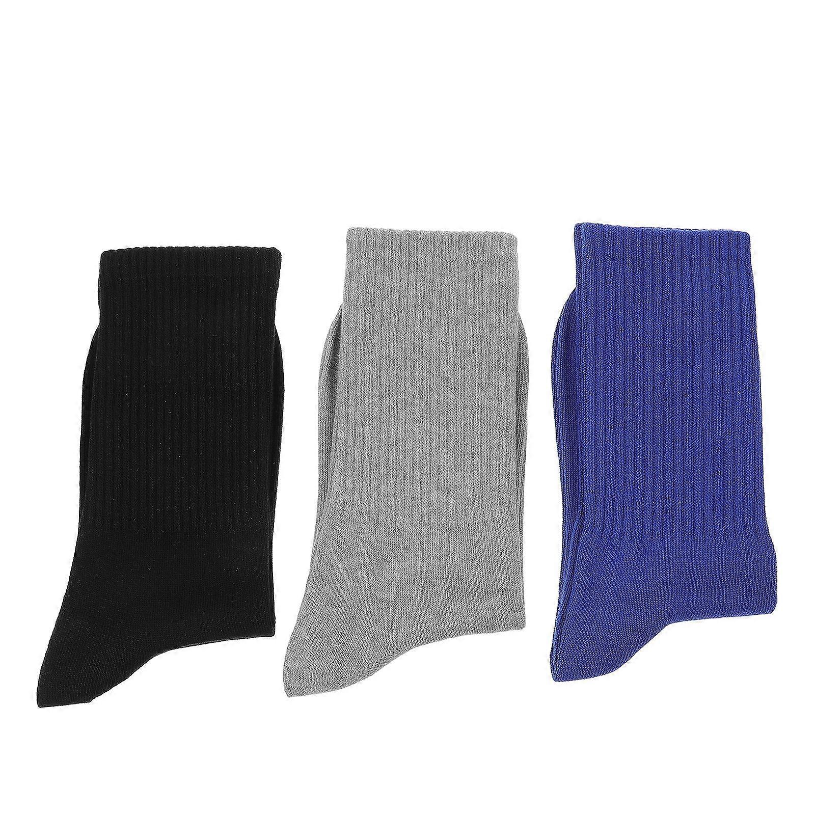 3 Pairs Cotton High Socks for Men – Slip Resistant Design, Breathable Long Sports Socks for Hiking, Cycling & Daily Wear – Black, Blue, Light Grey