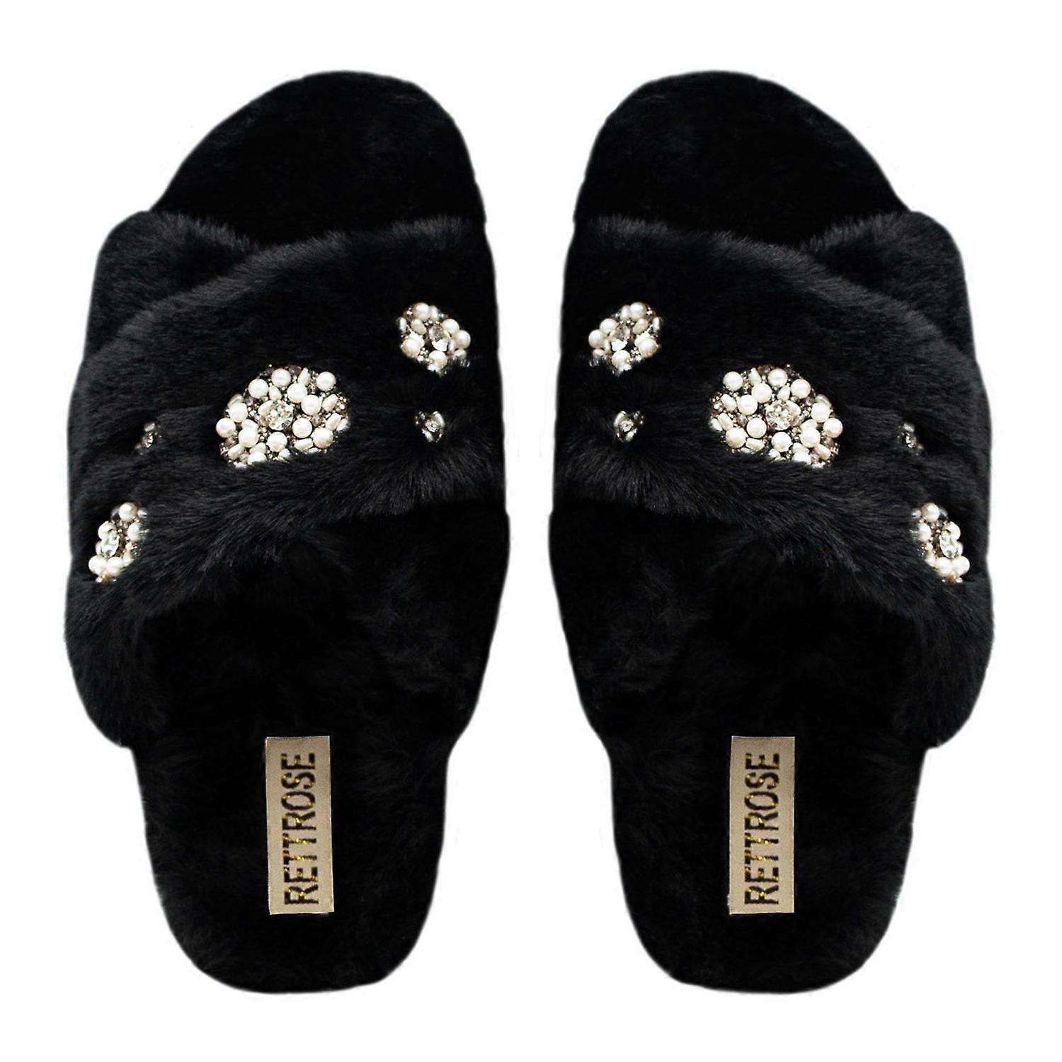 Rettrose juliette luxury black faux fur women’s slippers – handmade plush diamanté embellished slid