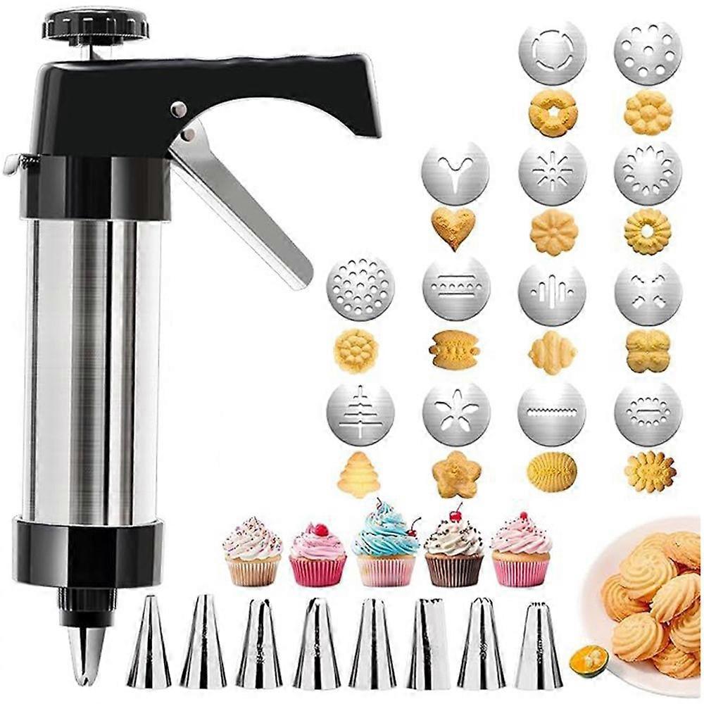 Stainless Steel Cookie Press Gun with 8 Nozzles and 13 Discs Kitchen Baking Tool Set (No FDA, BPA Free)