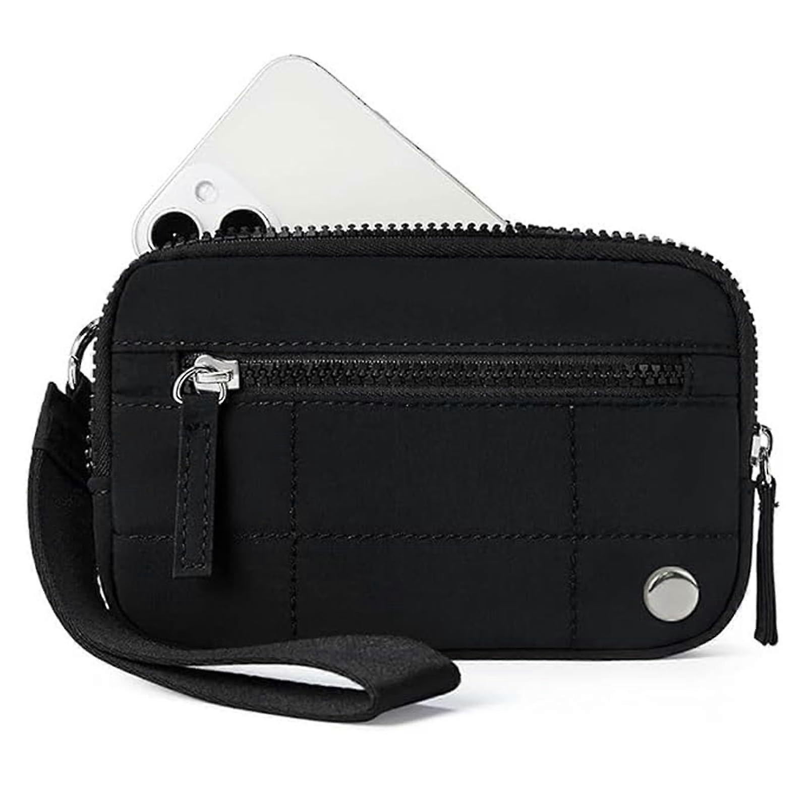 Essential Wristlet Wallet for Women, Large Capacity Nylon Quilted Clutch with 3 Zipper Purses in Black