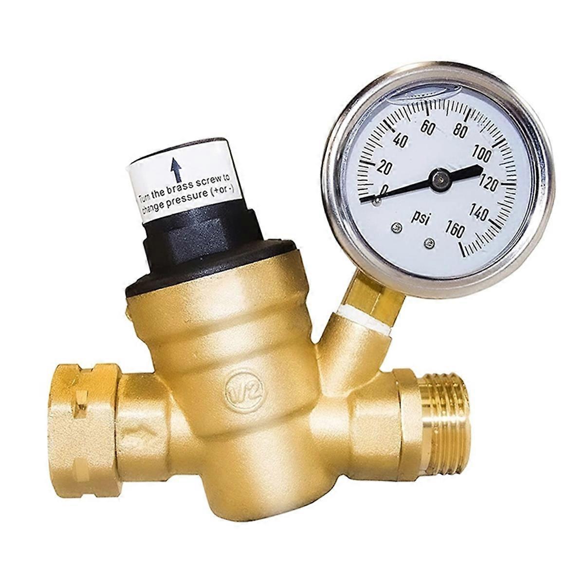 RV Water Pressure Regulator Valve Brass with Gauge and Inlet Screened Filter for Trailer