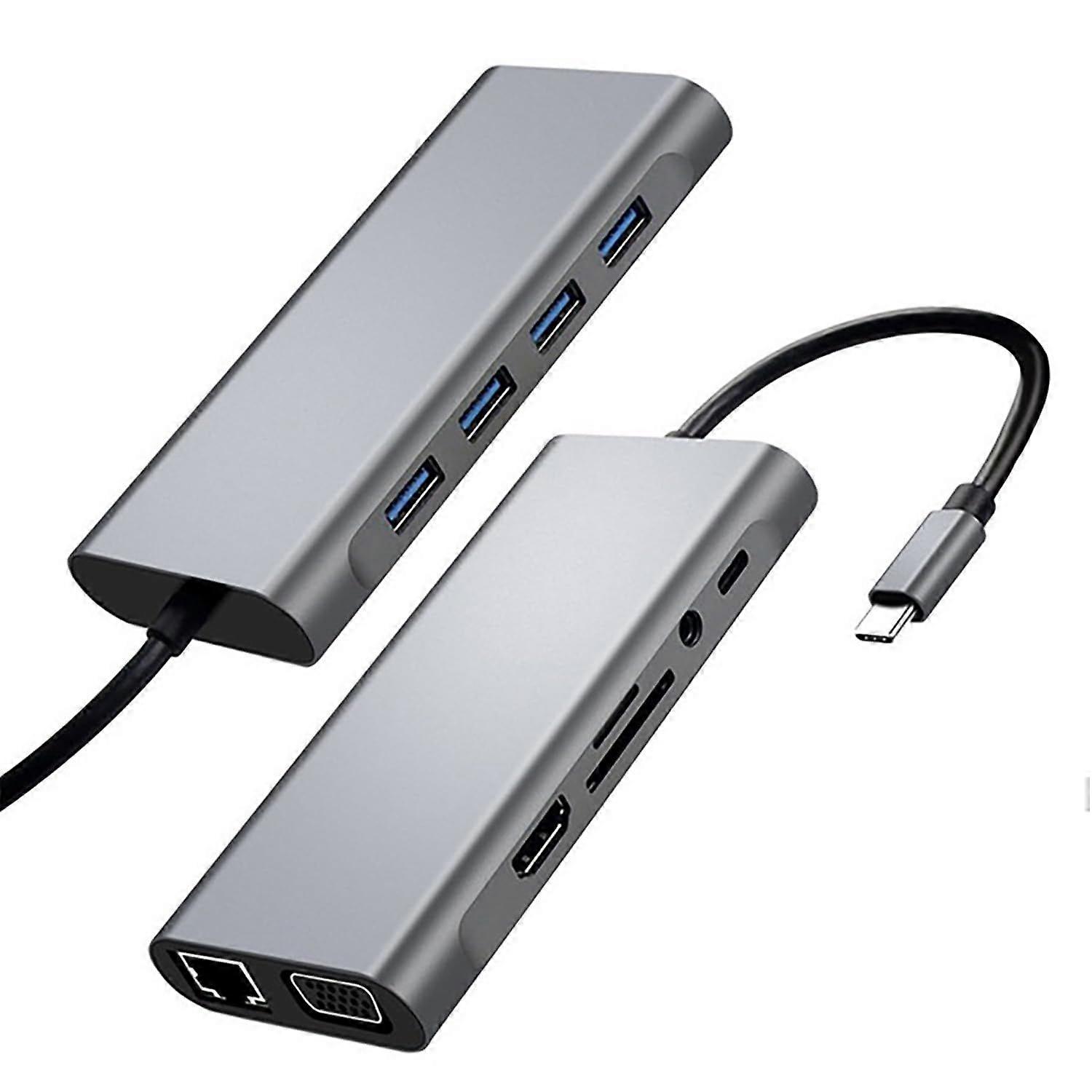 Travel USB Multi-Function Laptop Traveling Docking Station - 11 in 1 Multiport Adapter Hub - Ports for HDMI, VGA, Ethernet 100Mbps, SD, MicroSD, Audio