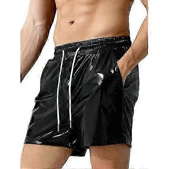 Men Glossy Surface Shorts Elastic Waist Adjustable Drawstring Wide Leg Shorts Beach Casual Short Pants Streetwear