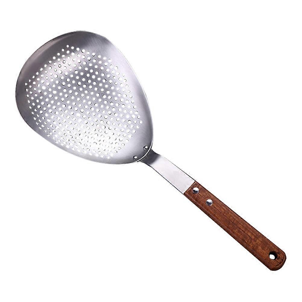 Stainless Steel Scoop Pot Strainer Spoon with Long Wood Handle, Fine Mesh Colander for Frying, Mashing, Kitchen Cooking Utensils