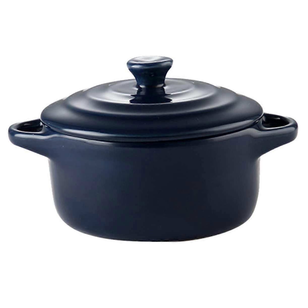 230ml Double Handle Ceramic Stew Bowl With Lid Microwave Oven Compatible Dark Blue Color For Home Kitchen