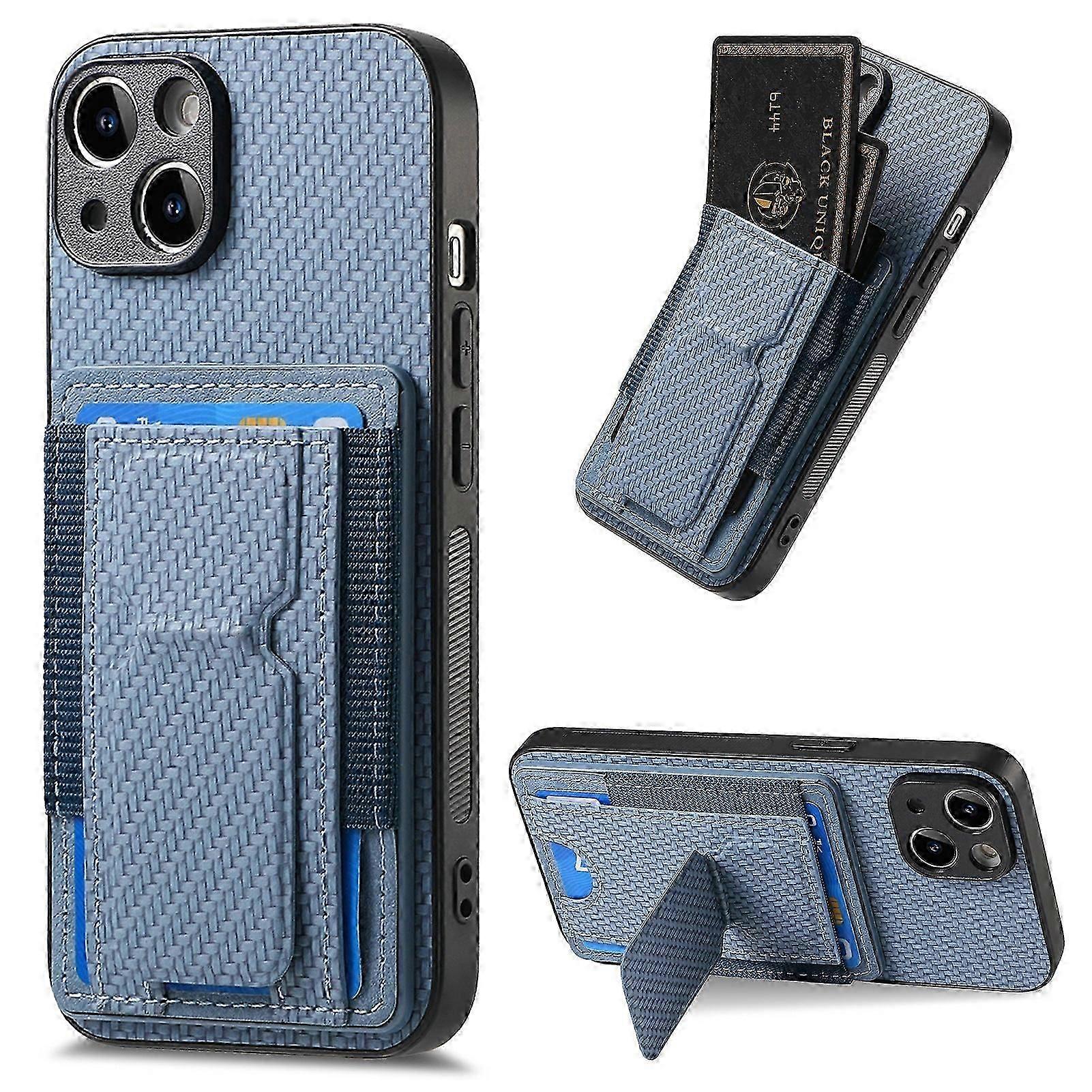 Case For Iphone 13 Blue Carbon Fiber Pattern Upper And Lower Opening Bracket Card Insertion Leather No510